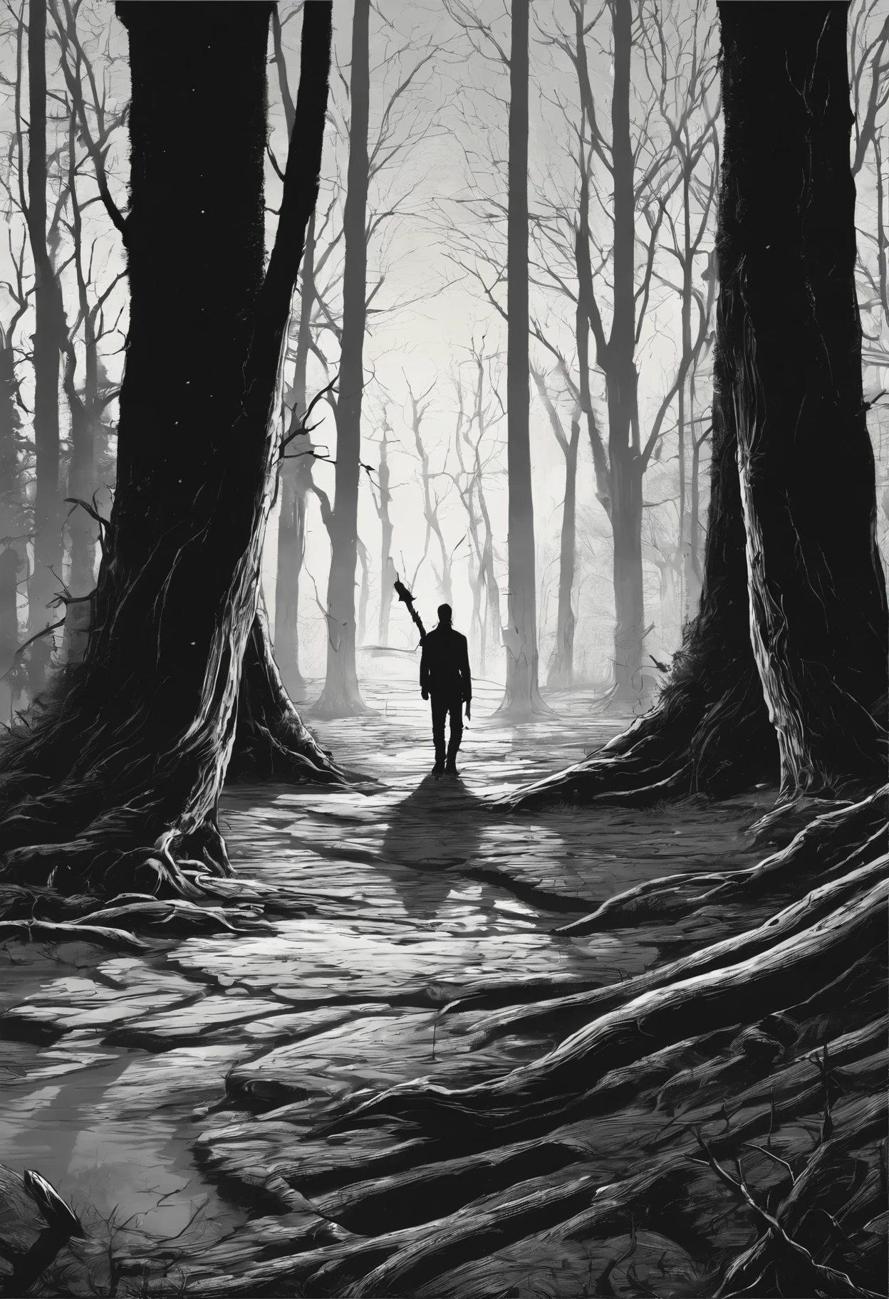 Shadow of a man with a flashlight in his right hand walking slowly through a dark forest with dry, thin trees, behind one of these trees to the left of the man there is a shadow of a woman's ghost watching him, on the right side the shadow of a monster in farmer's clothes and a scythe in his hand, 5 meters in front of the man there is a pentagram drawn on the floor next to some candles and a cross ( imagem realista, dark ) camera 10 in front of 10 meters away