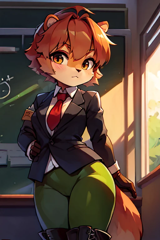 boy, squirrel, furry, bodyfur, blazer, bottomless, green tights, gloves, boots, school, looking below