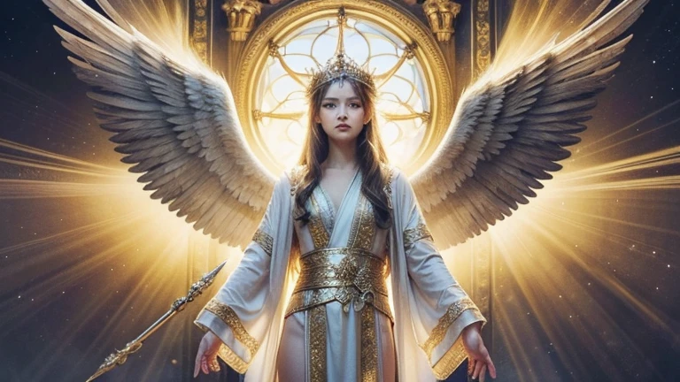 Developing high resolution, Visual presentation of the holy twelve-winged angel, There are 6 pairs of wings on the back, Wearing a robe decorated with silver and gold. The archangel holds a spear of light，Radiate a sacred aura，Demonstrating its sacred presence.masterpiece, best quality, great, Unity&#39;s highly detailed、8k wallpaper, Depth of Field, Super detailed illustrations:1.5)、3D, Extremely detailed, (whole body、Mechanical Elf Girl:1.3), sci-fi battlefield, hawken, Smile, open mouth,, (white blonde, Deep blue eyes:1.2), Bright Eyes, Cute face, Kawaii, Large Breasts, Fine hair, Messy hair, (((Flying in the sky))、Blue sky, White Cloud), Shiny hair, Glowing skin, (Symmetrical mechanical wing、greatly from the screen, hat, White hair ornaments), (Light Particles, Movie Lighting: 1.3), 