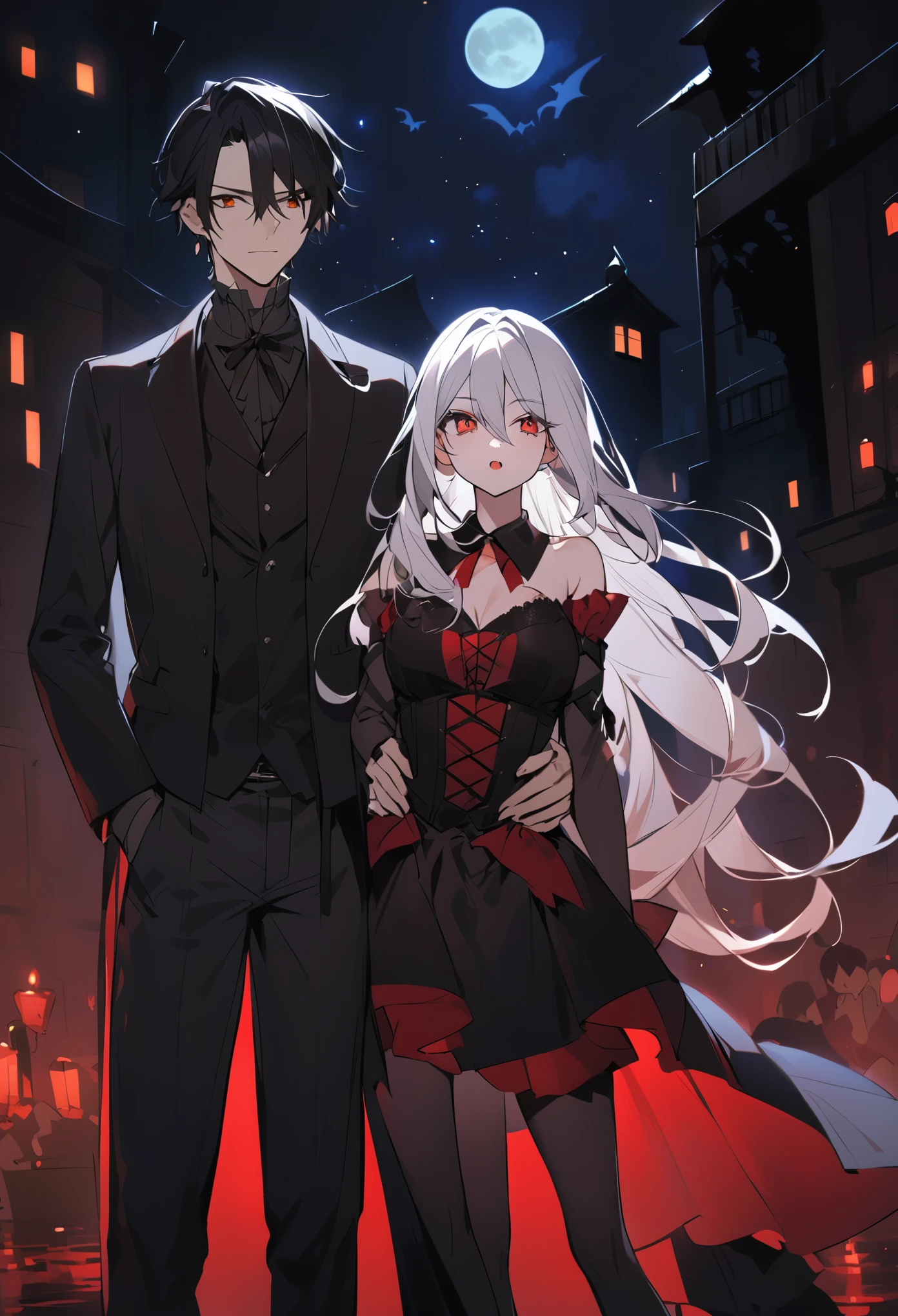 Young woman, White hair, a vampire, against the background of the night sky, a servant guy with black hair is standing next to him holding a girl