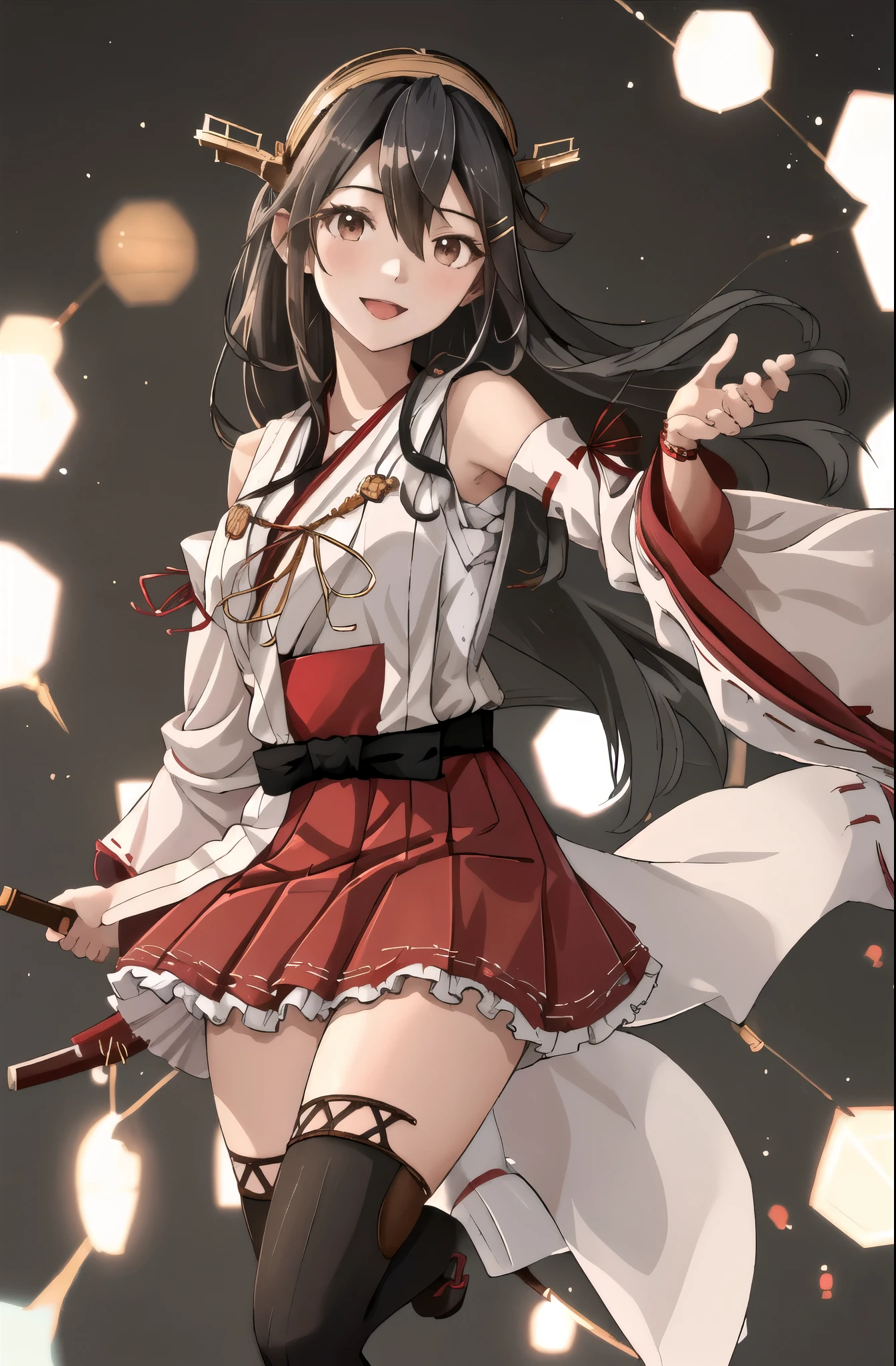 highest quality, masterpiece, High resolution, 一人in, {Aaron_Fleet Collection:1.15}, black_hair, length_hair, hair_ornament, hairband, Brown_eye, hairclip, red面, smile, headgear, chest, Non-traditional_Miko, hair_between_eye, One girl, independent_sleeve, Japanese_Clothes, Looking_in_Audience, red_skirt, ribbon-trimmed_sleeve, ribbon_trim, skirt, just_shoulder, Simple_background, white_background, Open_mouth, sarashi, wide_sleeve