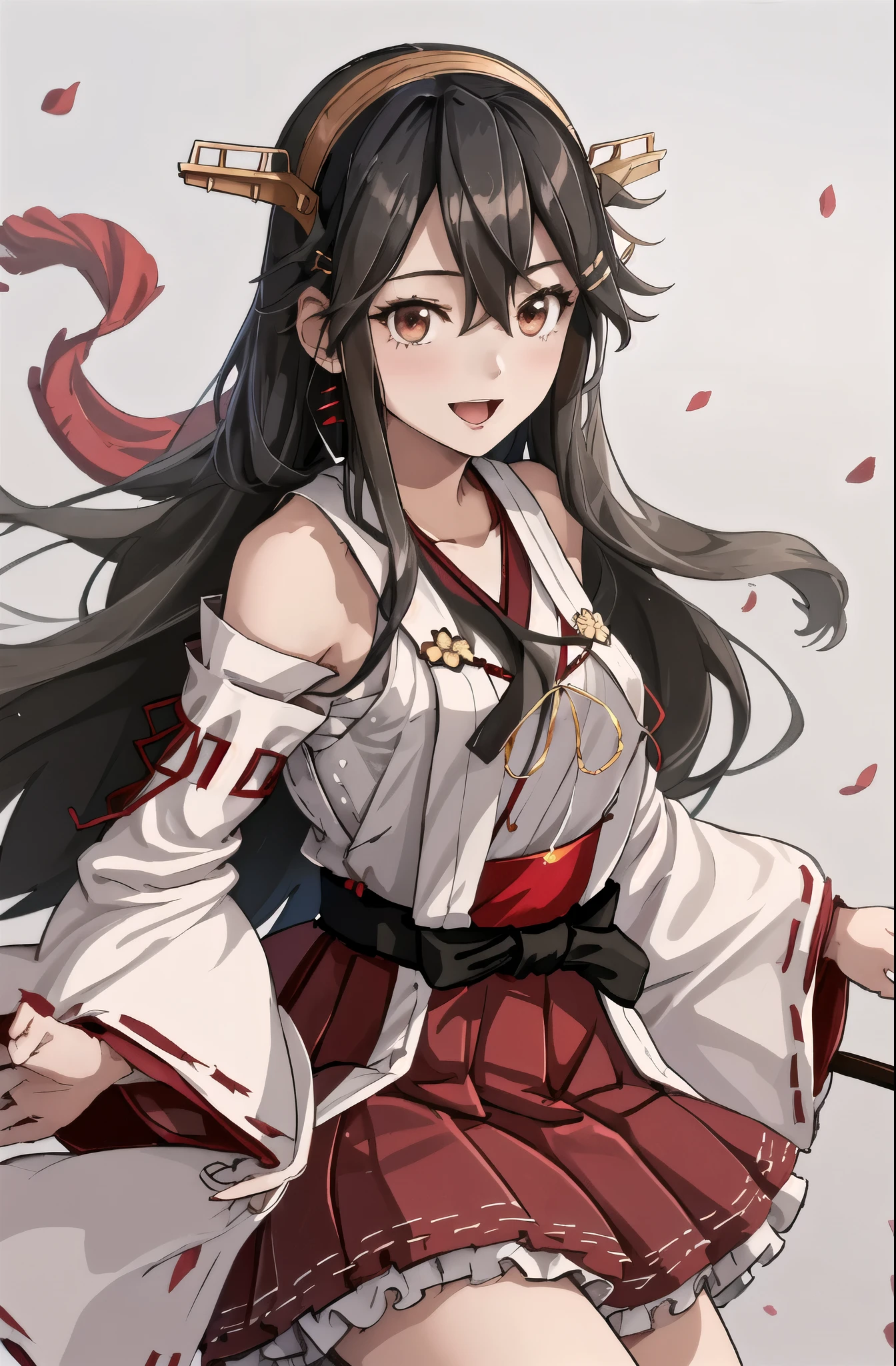 highest quality, masterpiece, High resolution, 一人in, {Aaron_Fleet Collection:1.15}, black_hair, length_hair, hair_ornament, hairband, Brown_eye, hairclip, red面, smile, headgear, chest, Non-traditional_Miko, hair_between_eye, One girl, independent_sleeve, Japanese_Clothes, Looking_in_Audience, red_skirt, ribbon-trimmed_sleeve, ribbon_trim, skirt, just_shoulder, Simple_background, white_background, Open_mouth, sarashi, wide_sleeve