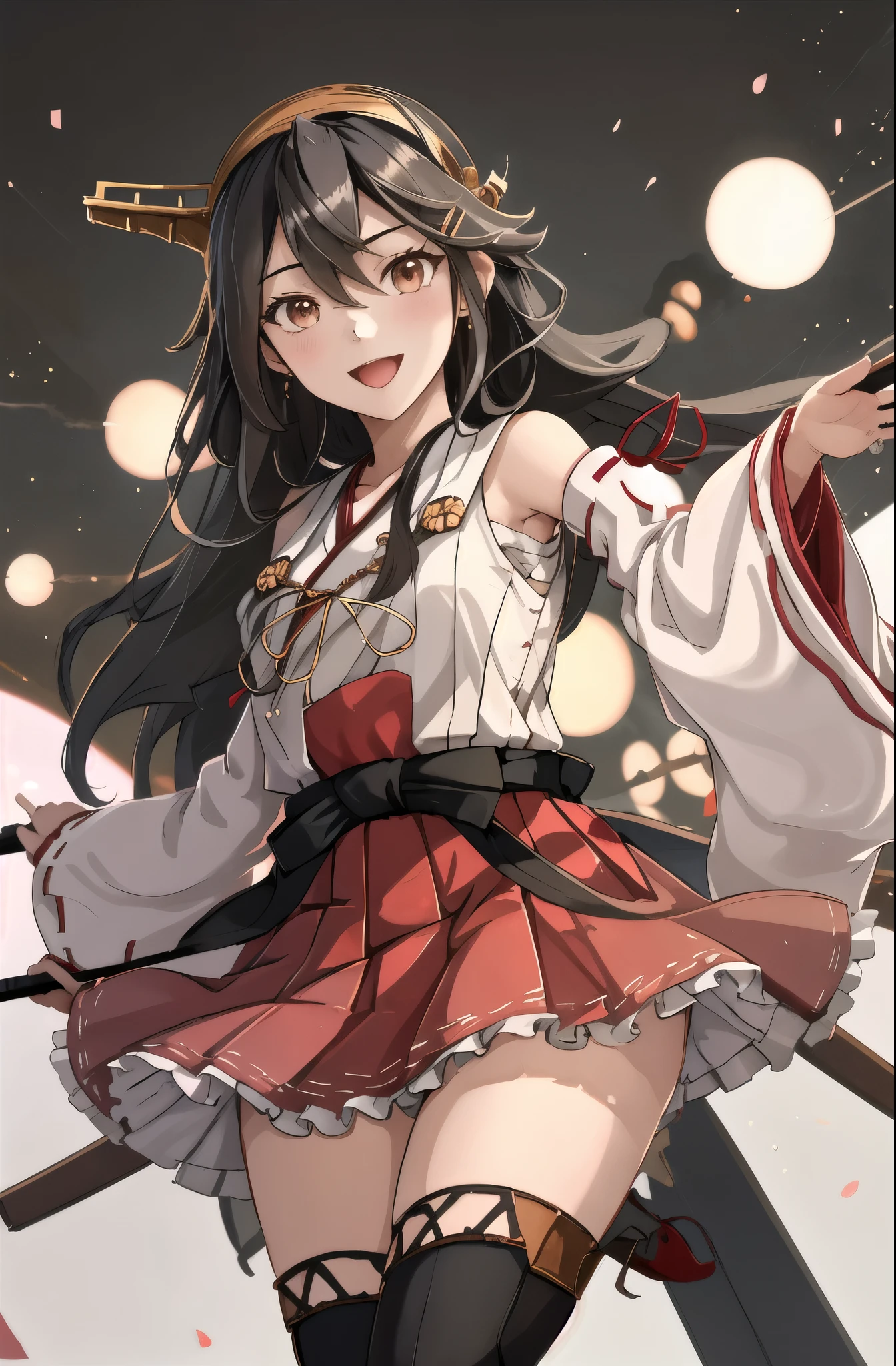 highest quality, masterpiece, High resolution, 一人in, {Aaron_Fleet Collection:1.15}, black_hair, length_hair, hair_ornament, hairband, Brown_eye, hairclip, red面, smile, headgear, chest, Non-traditional_Miko, hair_between_eye, One girl, independent_sleeve, Japanese_Clothes, Looking_in_Audience, red_skirt, ribbon-trimmed_sleeve, ribbon_trim, skirt, just_shoulder, Simple_background, white_background, Open_mouth, sarashi, wide_sleeve