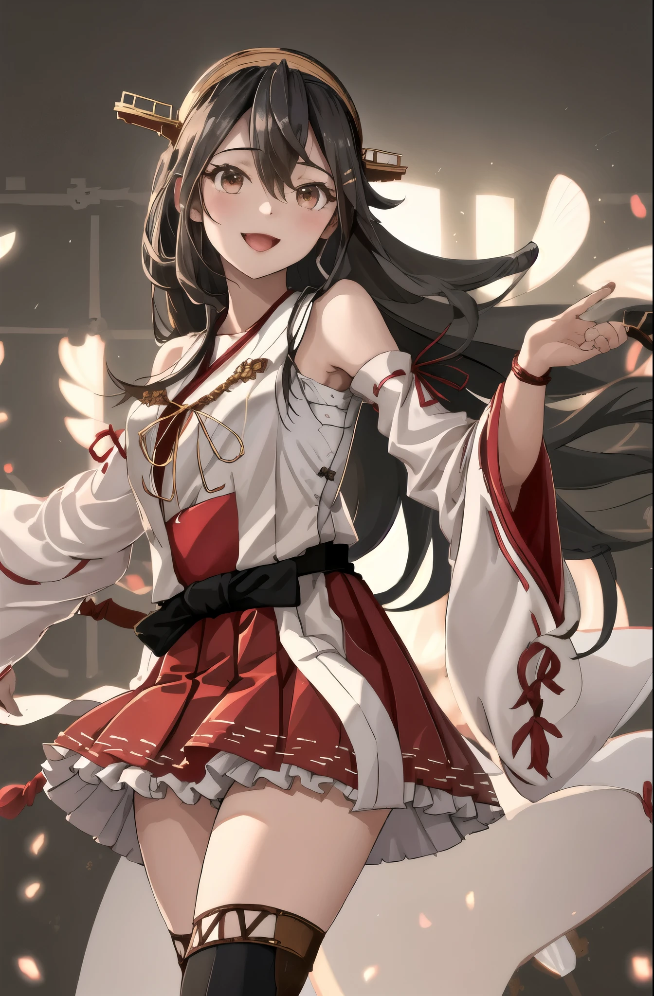 highest quality, masterpiece, High resolution, 一人in, {Aaron_Fleet Collection:1.15}, black_hair, length_hair, hair_ornament, hairband, Brown_eye, hairclip, red面, smile, headgear, chest, Non-traditional_Miko, hair_between_eye, One girl, independent_sleeve, Japanese_Clothes, Looking_in_Audience, red_skirt, ribbon-trimmed_sleeve, ribbon_trim, skirt, just_shoulder, Simple_background, white_background, Open_mouth, sarashi, wide_sleeve