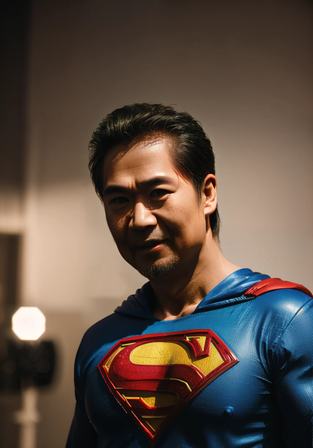 portrait of a 50 year-old-man,zgl,upper body,(dress as superman)(cosplay),modelshoot style,simple background
(masterpiece) (photorealistic) (bokeh) (best quality) (detailed skin) (intricate) (8k) (HDR) (cinematic lighting) (sharp focus)
 