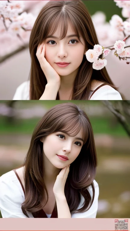 (8k、RAW Photos、highest quality、masterpiece:1.2)、Instagram Beauty，Very detailed、超A high resolution、High-resolution RAW color photos、Professional photos、Very delicate and beautiful、wonderful、finely、Very detailedな美しい女の子、Very detailedな顔、Very detailedな目、Very detailedな肌、Very thin fingers、Very detailedな鼻、Very detailedな口、Perfect Anatomy、Cute Japanese Women Photos、 1 girl、((Brown layered hair))、(in house)、22 years old、、Sit on a chair、Cherry blossom background