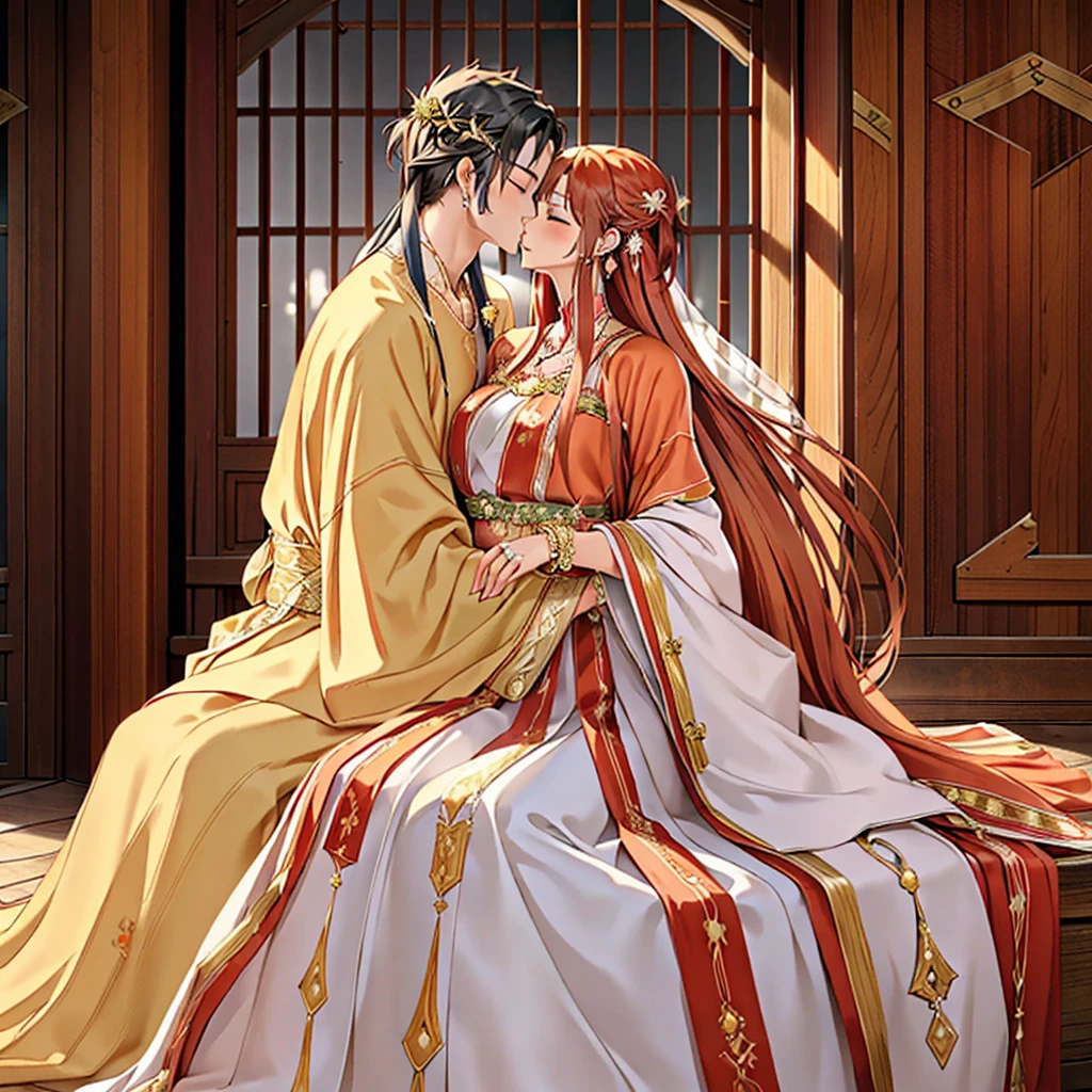 ((highest quality)), ((masterpiece)), (detailed), Perfect Face、Yuuki Asuna、Brown Hair、Hanfu、Gorgeous embroidery、cuddling with a man、((Man and woman get married at the palace))、((A man and a woman kiss each other in oath))、Man and wedding、The woman is in a wedding dress、Woman has a happy face、Gorgeous hair ornament、Earrings、necklace、Bracelet、Luxury accessories、The woman is the empress、The man is the prince、She hugs the man and presses her face against his chest.、Man hugs woman、Man and woman kissing