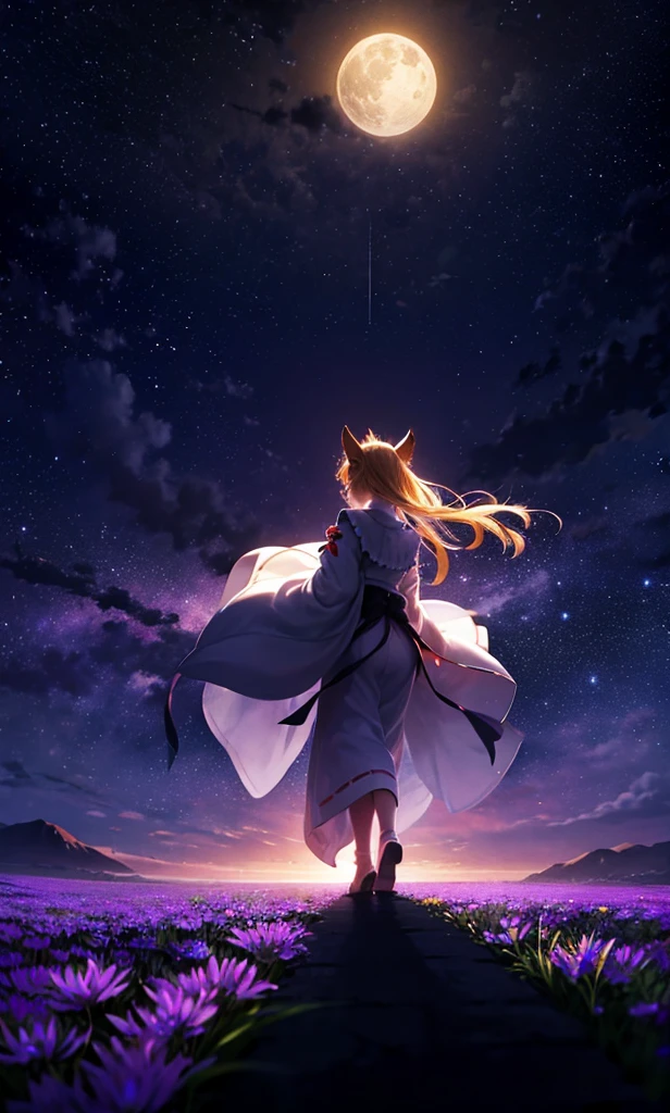 1people々々々々々々々々々々々々々々々々々々々,Woman with medium length blonde hair,Fox Ears,Shrine maiden outfit,Takageta, Dress Silhouette, Rear View,Space Sky, Flower Field,Colorful flowers,Dancing Petals,full moon,