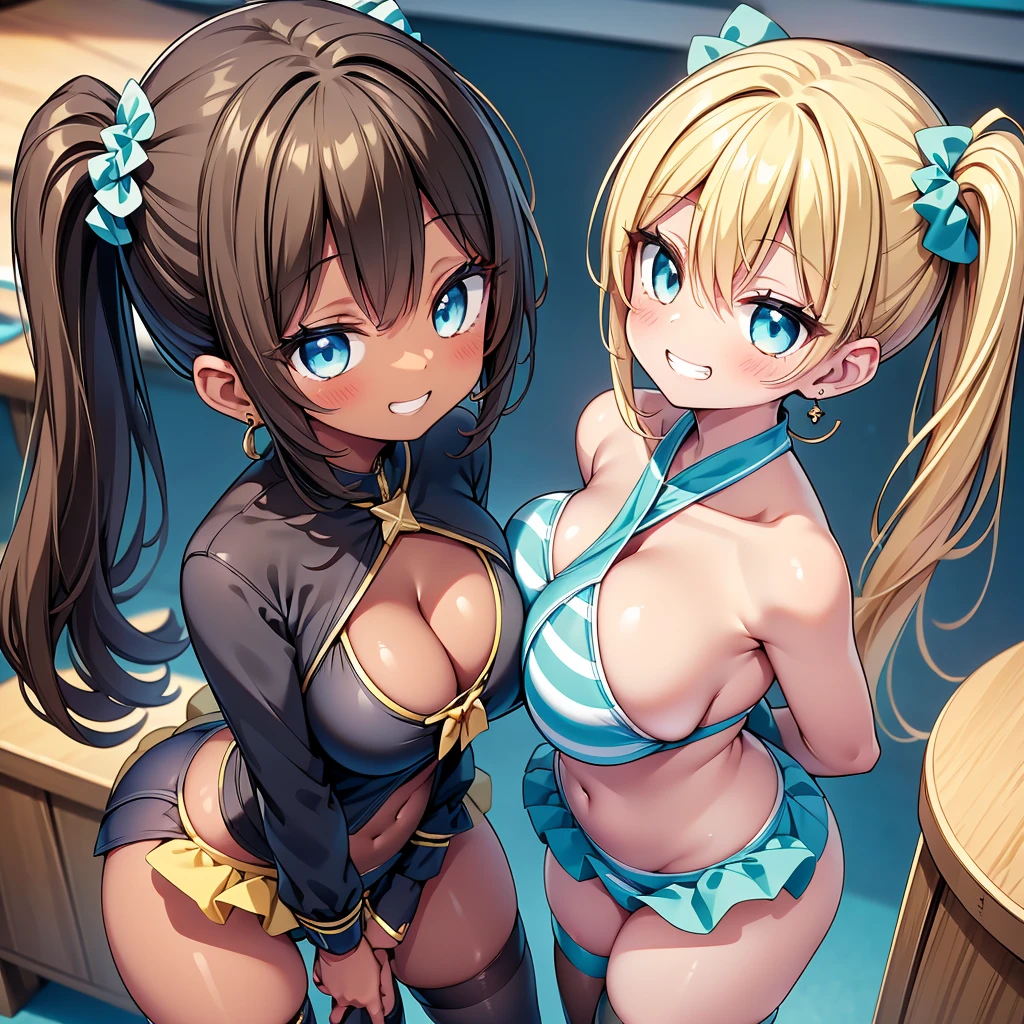 (cute eyes:1.2), (sparkling eyes:1.2), (8K、Best image quality、highest quality、masterpiece)、Detailed face、(2 girls)、Improve、((Brown Skin:1.3))、blonde、Low Ponytail、Scrunchie、Yellow Eyes、Earrings、Wicked Smile、((Grin)), (skinny body:1.4), (huge breasts:1.2), (Light blue striped micro bikini:1.1), (symmetrical docking:1.2), Classroom Background, (black stockings:1.2), (Thighs:1.2), (Waistline),(from above:1.2)