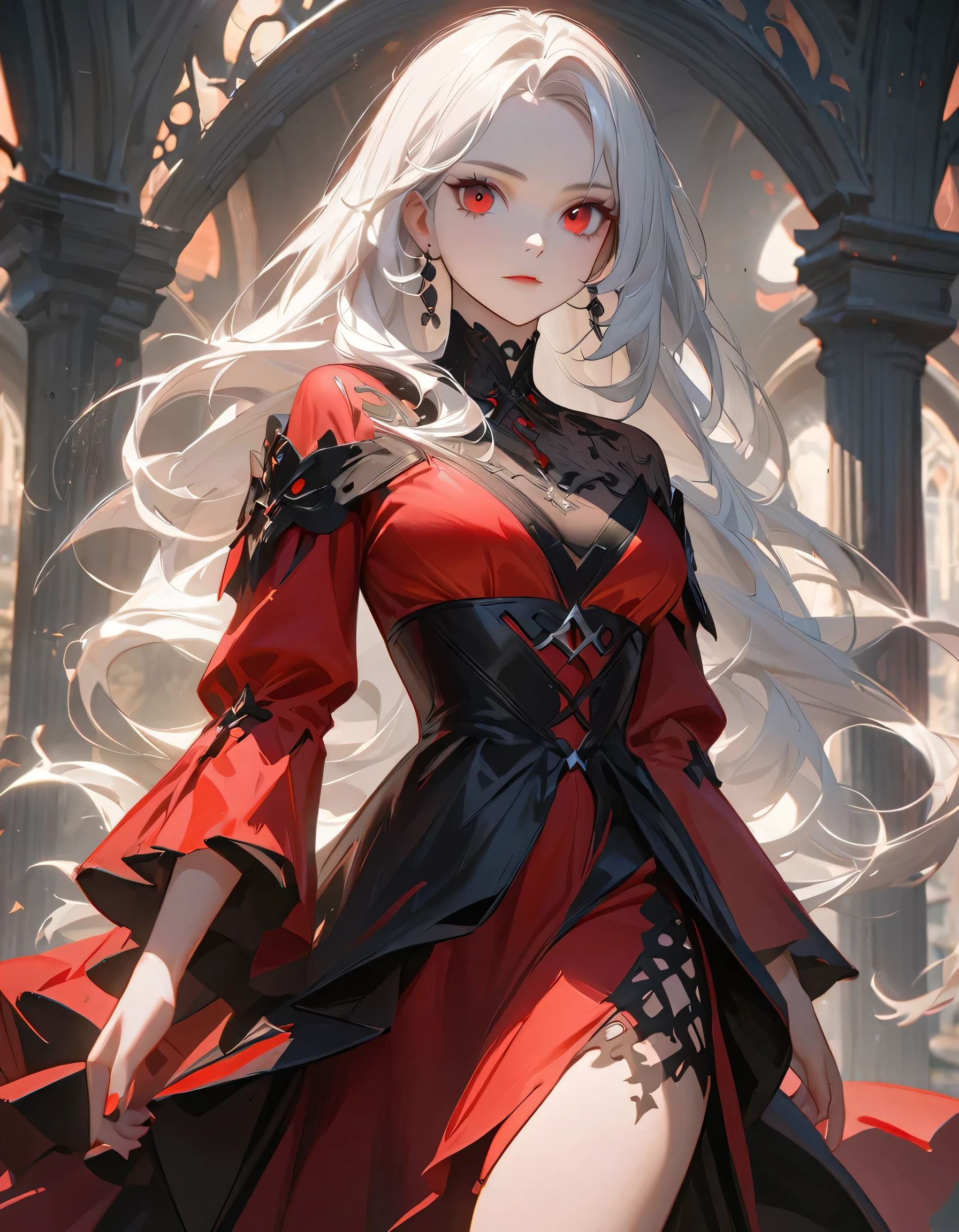 woman in a black and red dress, girl wearing a black and red dress, in dress, beautiful alluring woman, cute waifu in a nice dress, gothic maiden girl, red eyes, white hair, 8k high quality detailed art, beautiful anime girl, guweiz, beautiful anime woman, attractive anime girl