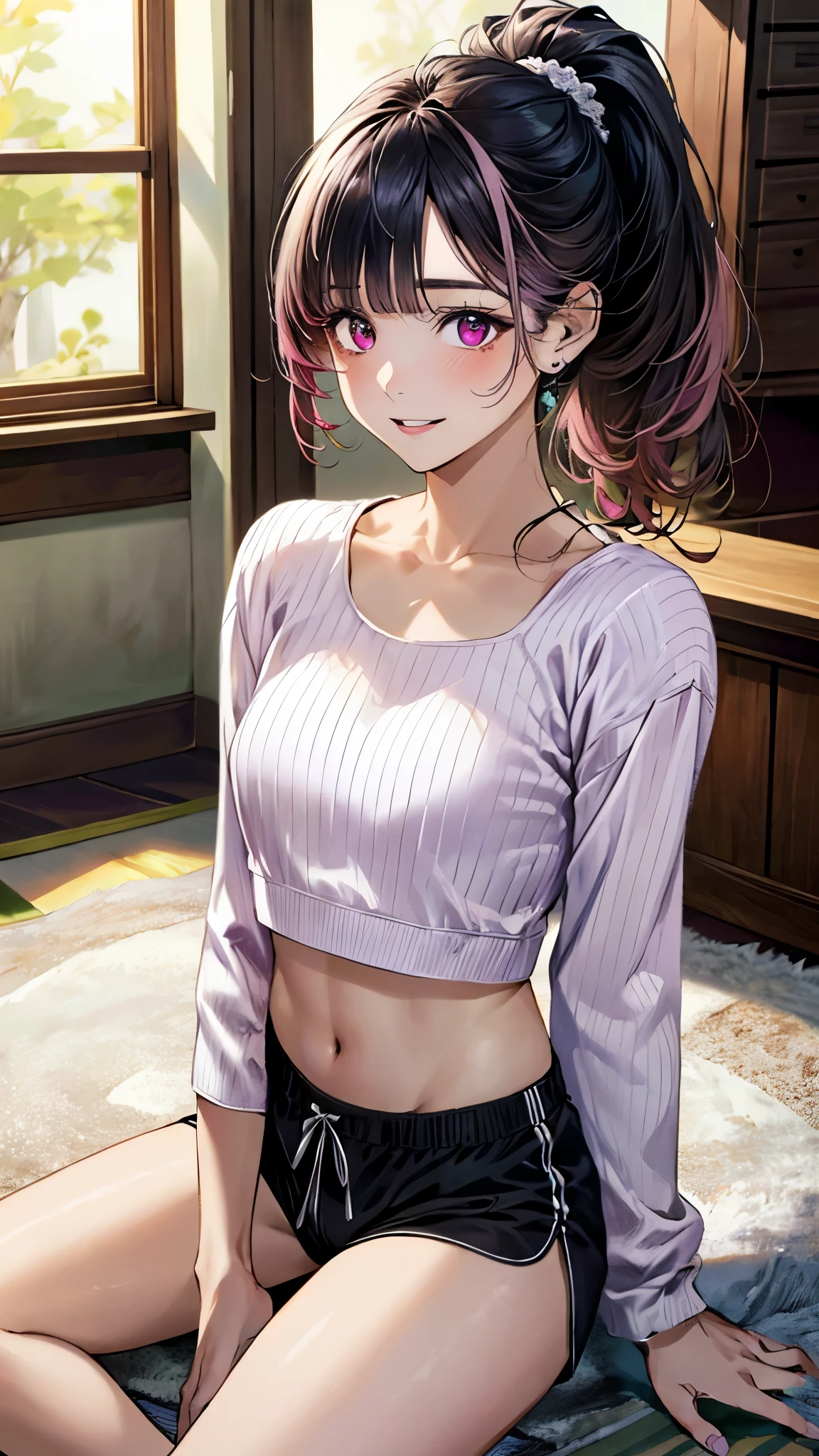 (masterpiece:1.3, top-quality, ultra high res, ultra detailed), (realistic, photorealistic:1.4), beautiful illustration, perfect lighting, natural lighting, colorful, depth of fields, surrealism,
beautiful detailed hair, beautiful detailed face, beautiful detailed eyes, beautiful clavicle, beautiful body, beautiful chest, beautiful thigh, beautiful legs, beautiful fingers, shiny skin,
looking at viewer, 1 girl, japanese, 18 years old, (perfect anatomy, anatomically correct, super detailed skin), cute and symmetrical face, face, perfect face, perfect eyes, slender,
(long hair:1.8, ponytail), break, (pastel pink hair), blunt bangs, maroon eyes, slant eyes, long eye lasher, (medium breasts, seductive thighs), bare legs,
(detailed cloth texture), black sports bra, black hair chouchou, break, (light purple long-sleeve lounge sweater over underwear, light purple lounge shorts), (cleavage:0.3, shoulder:0.5), crop top,
(beautiful scenery), evening, (living room, round rug mat), sitting rug mat, (lovely smile, upper eyes, parted lips),