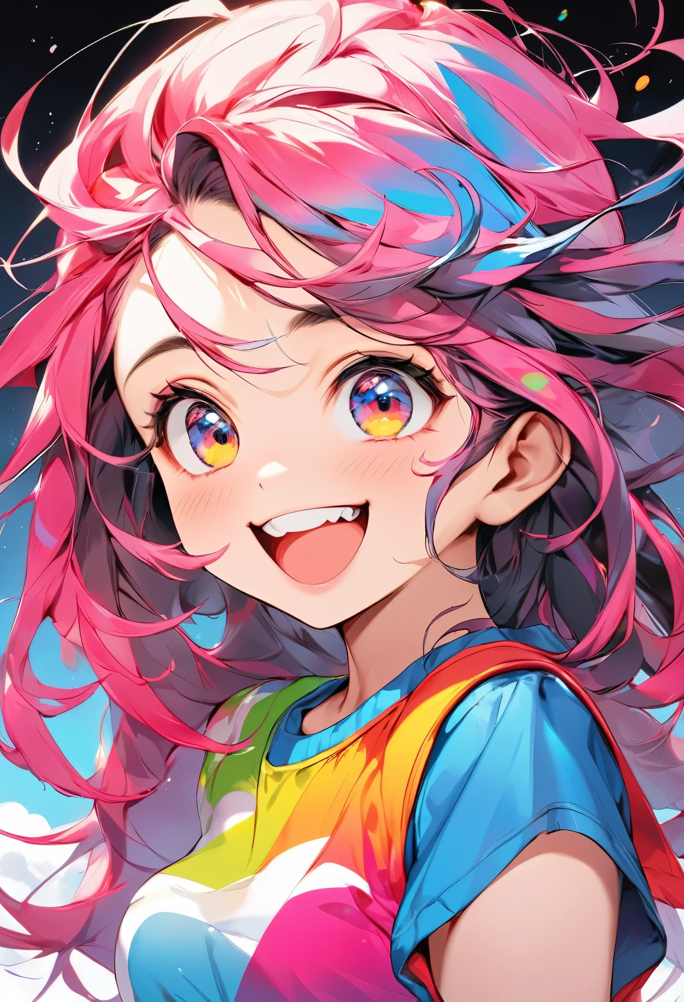 ((Masterpiece)), ((best quality)), (messy illustration:1.4), (High Definition:1.3), (Professional Photography:1.3), (()), cute young Girl, Glossy unruly hair, (loose blunt bangs), colorful hair, long hair, big eyes, (long eyelashes), ((Thin and short eyebrows)), colorful eyes, (cute smile), open mouth, jagged teeth, joy, (cute tanktop), barearms, cute, (place hand to neck), (colorful:1.3), gothic makeup, (simple concrete background),
