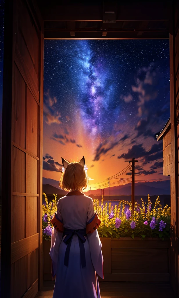 １people々々々々々々々々々々々々々々々々々々々,Woman with medium length blonde hair，Fox Ears，Shrine maiden costume，Takageta， Dress Silhouette， Rear View，Space Sky, Flower Field，Colorful flowers，Dancing Petals，full moon，shrine，