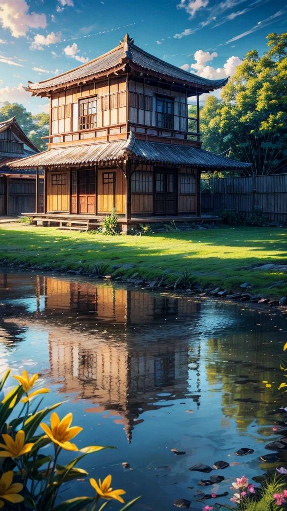 A highly detailed, realistic image of a house in rural Indonesia. With old wooden walls, a clay tile roof, and a bamboo fence. There is a Mango tree in front of the house. Some flowers in the yard. It is early morning, when the sun is just rising. Sunny, white cloudy sky, light breeze. Panoramic view. Depth of field 270mm. 