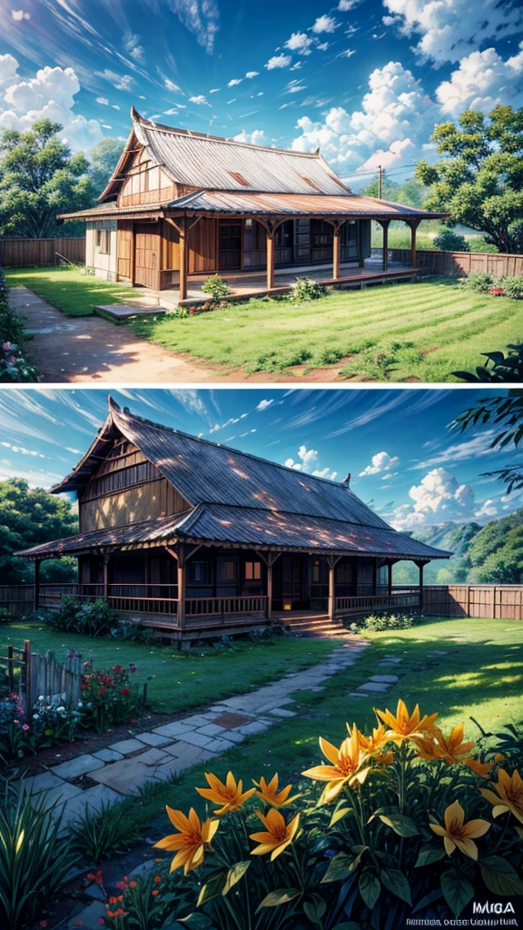 A highly detailed, realistic image of a house in rural Indonesia. With old wooden walls, a clay tile roof, and a bamboo fence. There is a Mango tree in front of the house. Some flowers in the yard. It is early morning, when the sun is just rising. Sunny, white cloudy sky, light breeze. Panoramic view. Depth of field 270mm. 