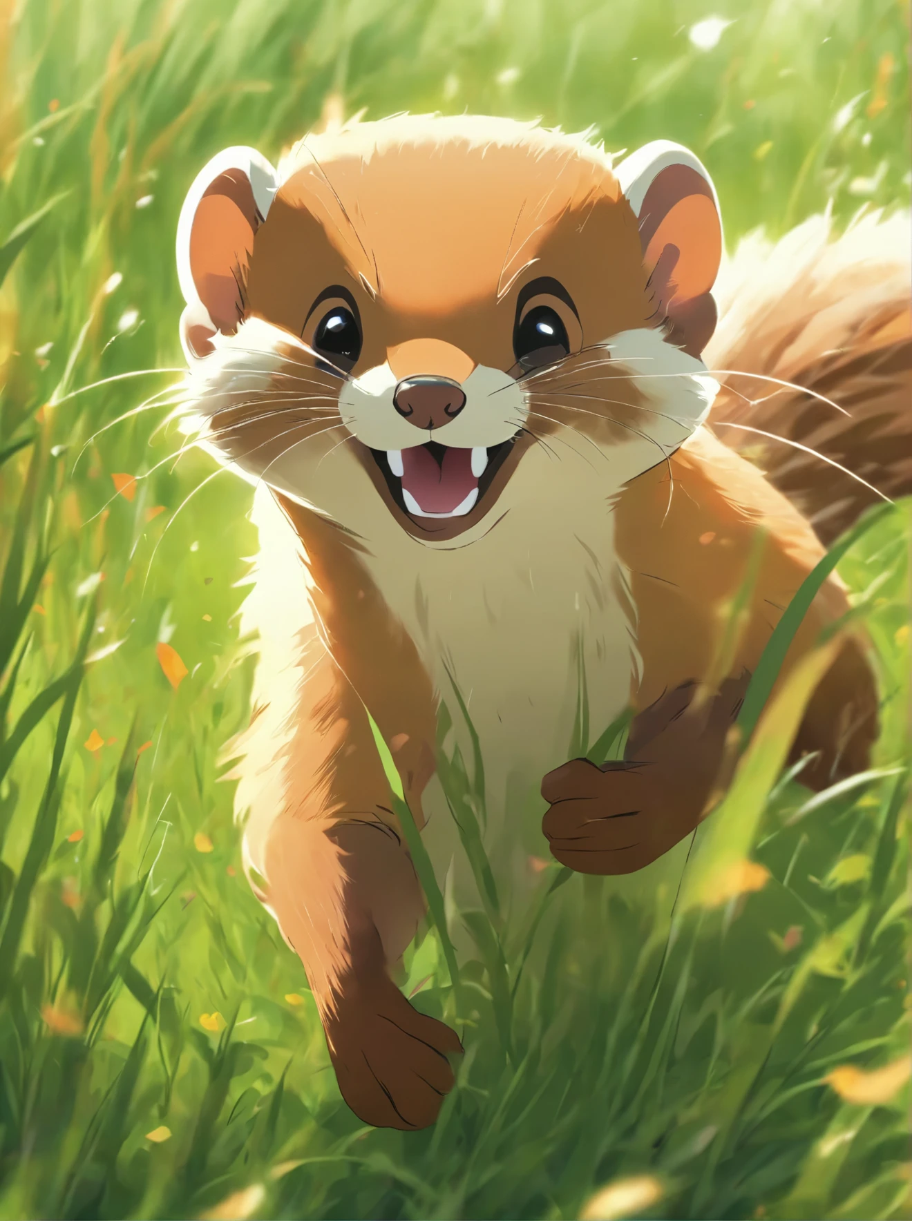 A weasel pouncing in the grass.