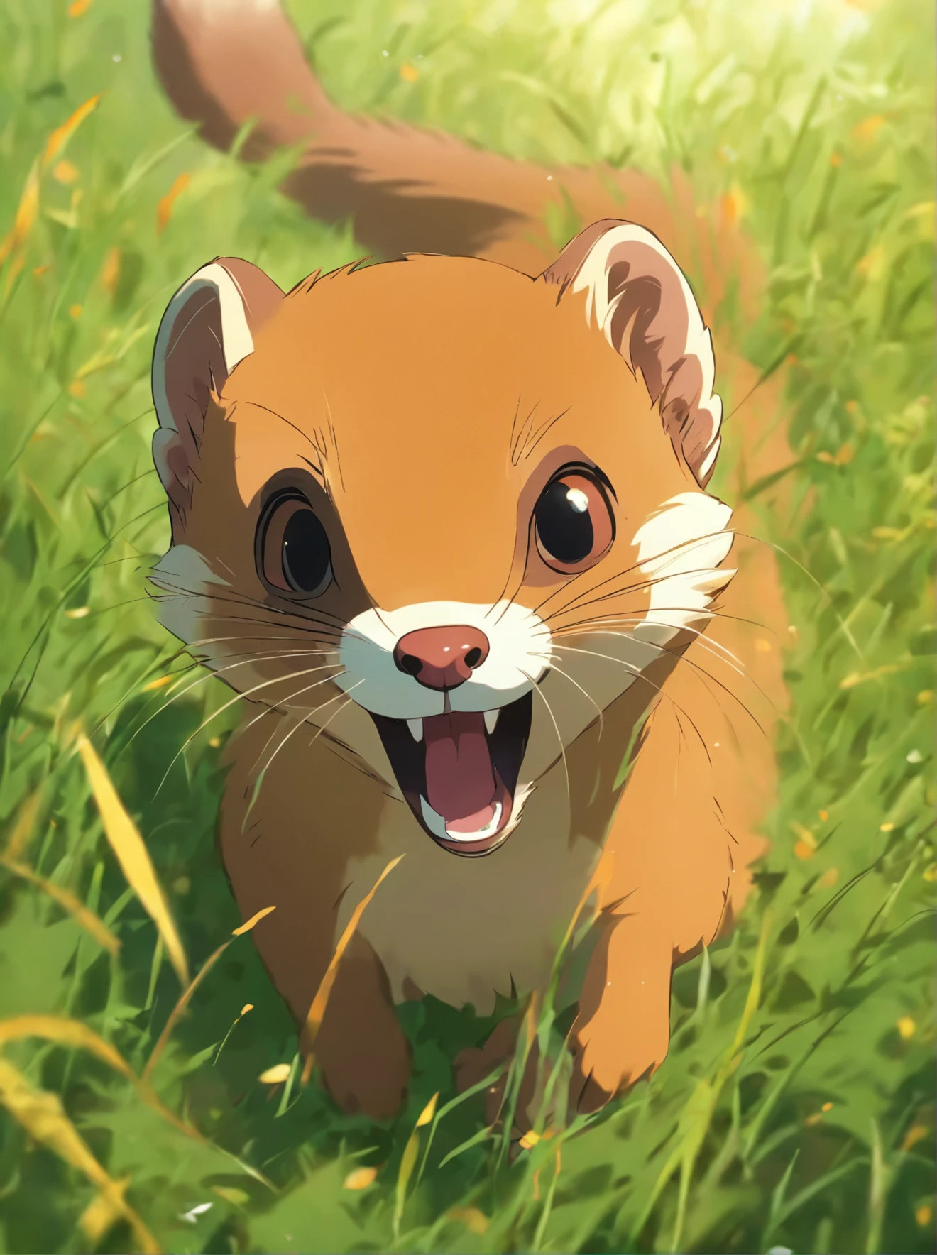 A weasel pouncing in the grass.