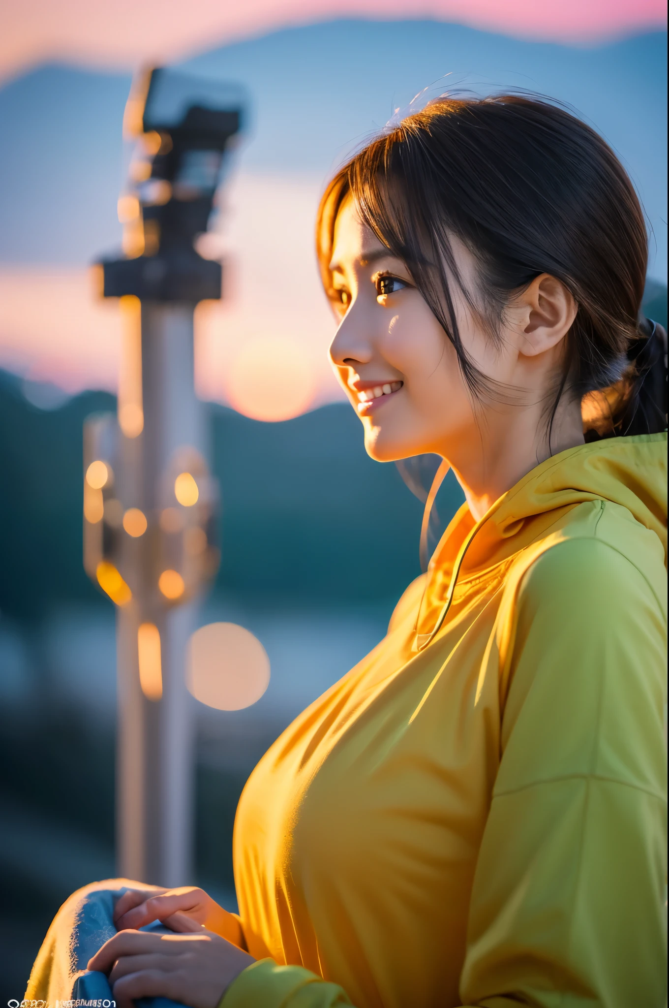 8K,Japanese woman watching the sunset,Super Beauty(Like the real thing),Gorgeous,Middle-aged women,Mountain Observatory,Portraiture, The perfect angle、Professional quality high resolution、Perfect contrast、Perfect lighting、Perfect composition、Perfect Skin、Perfect Fingers、Perfect breasts、Perfect Hair、Perfect Face、Realistic facial features、masterpiece,masterpiece,Photorealistic RAW photos,Bright colors,Rich colors,50mm lens,Nikon D850,super highest quality,Slim figure,Perfect body line,Perfect hand shape,Anatomical body balance,Highly detailed face,Highly detailed eyes,Beautiful Lips,Excellent light particles,Cinema Lighting,Outdoor clothing,Makeup,Outdoor attire,smile,