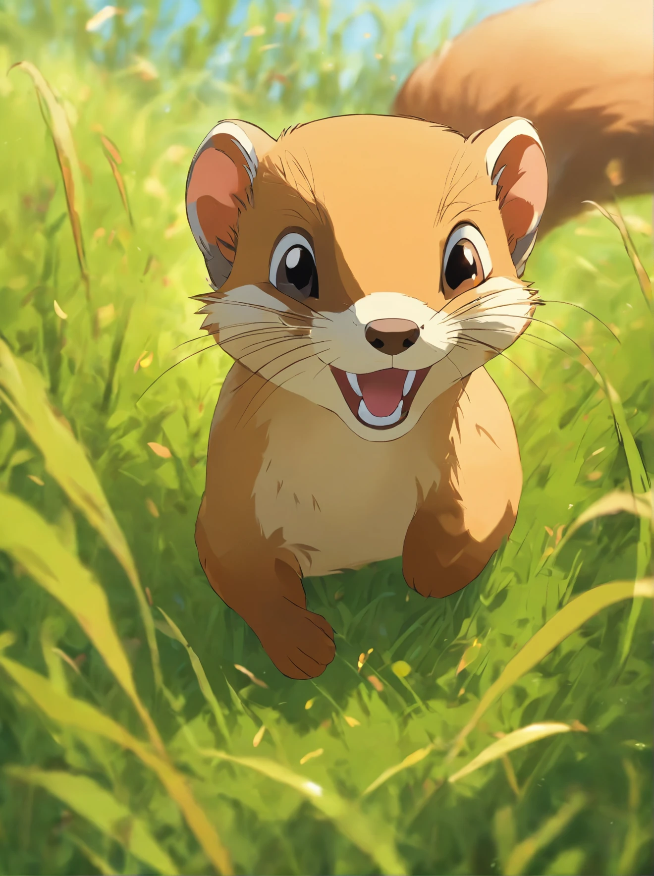 A weasel pouncing in the grass.