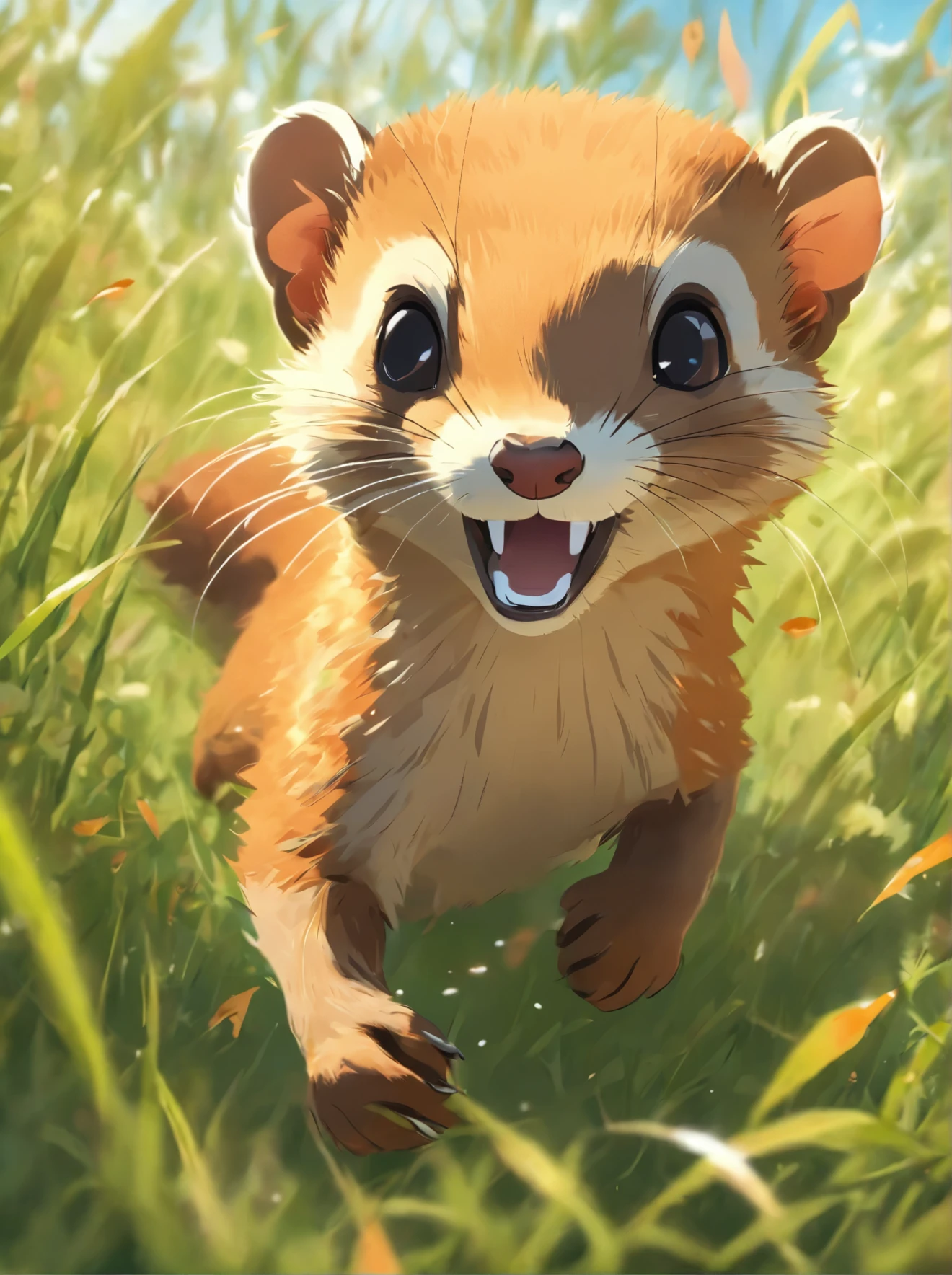 A weasel pouncing in the grass.