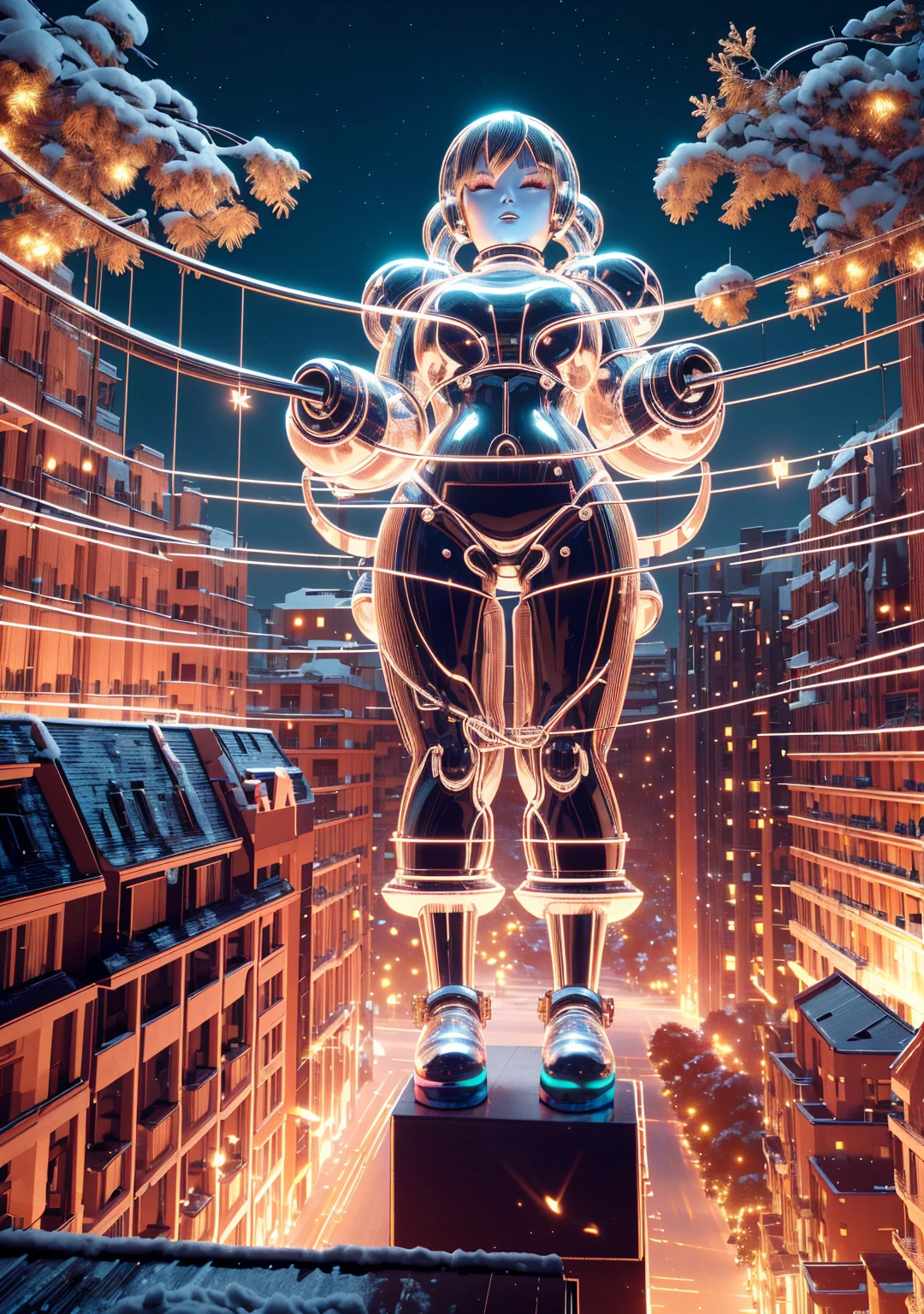 1 Glowing Christmas Mechanical Girl,Futuristic girl,Mechanical Union Christmas City Background,model shoot style, (extremely detaild的 CG unified 8k wallpapers), The beauty of abstract style,,hyper realisitc, 8K, super detailing, Best quality, Award-Awarded, Anatomically correct, 16k, super detailing