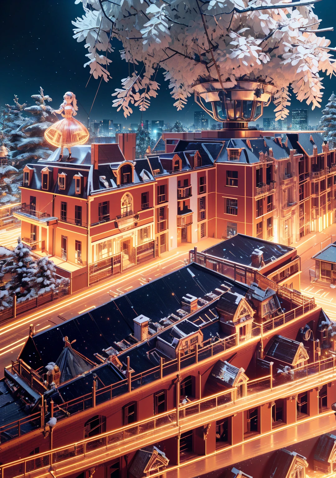 1 Glowing Christmas Mechanical Girl，Futuristic girl，Mechanical Union Christmas City Background，model shoot style, (extremely detaild的 CG unified 8k wallpapers), The beauty of abstract style,，hyper realisitc, 8K, super detailing, Best quality, Award-Awarded, Anatomically correct, 16k, super detailing