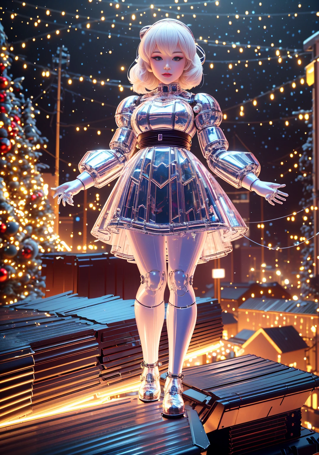 1 Glowing Christmas Mechanical Girl,Futuristic girl,Mechanical Union Christmas City Background,model shoot style, (extremely detaild的 CG unified 8k wallpapers), The beauty of abstract style,,hyper realisitc, 8K, super detailing, Best quality, Award-Awarded, Anatomically correct, 16k, super detailing