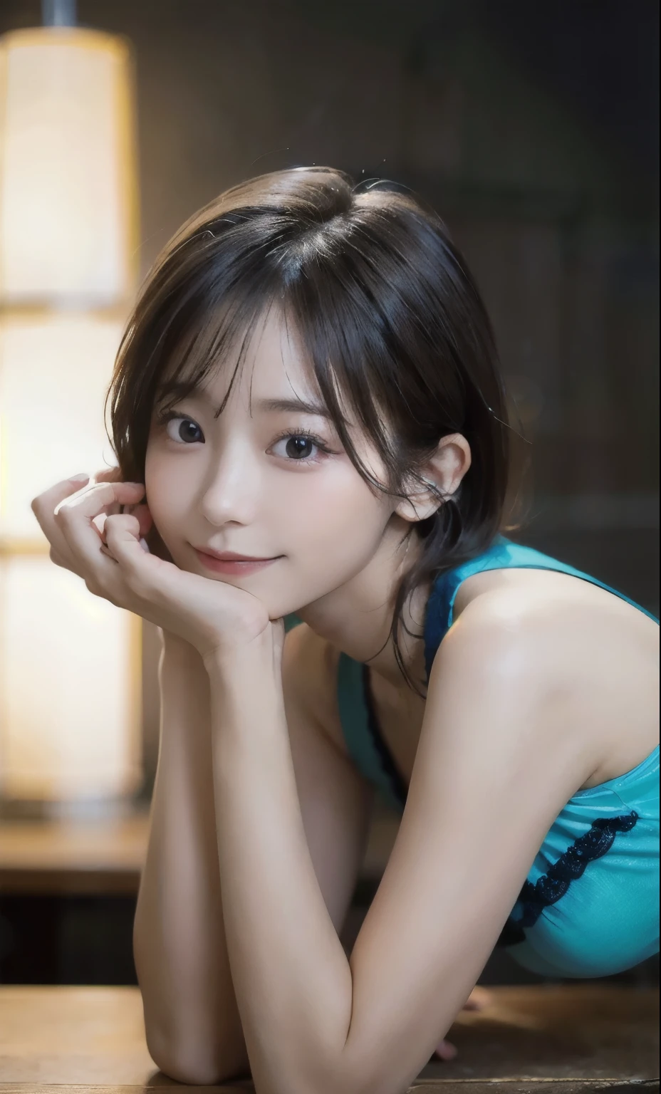 (RAW Photos: 1.2), highest quality, Beautiful detailed girl, underwear, smile, short hair, Get on all fours, blue underwear, Highly detailed eyes and face, Beautiful fine details, Large file size, High resolution, 8k wallpaper, The finer details, highly detailed ticker uniform 8k wallpaper, Light on the face, Cinema Lighting, 18-year-old girl, Sexy pose, (Photorealism: 1.4), figure, Super Detail