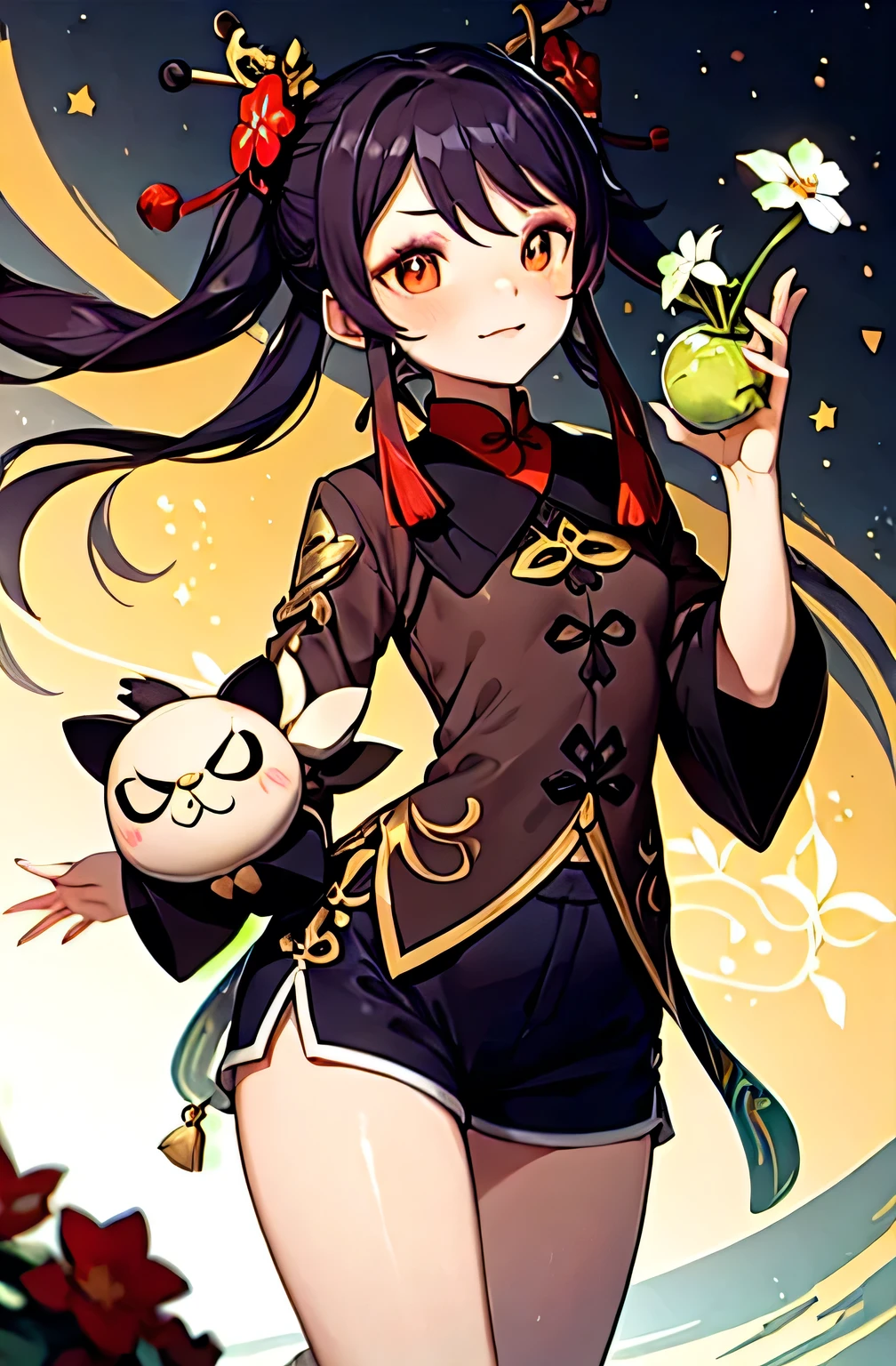 Hu_people_Genshin Impact, 1people girl, In one people, Long Hair, Red eyes, Brown eyes, Flower-like pupils, Twin tails, Hu Tao \(Genshin Impactインパクト\), Have, Long sleeve, Have flower, jewelry, Chinese clothing, Shorts,, Absurd, ultra detailed, masterpiece, highest quality, beautiful, detailed,