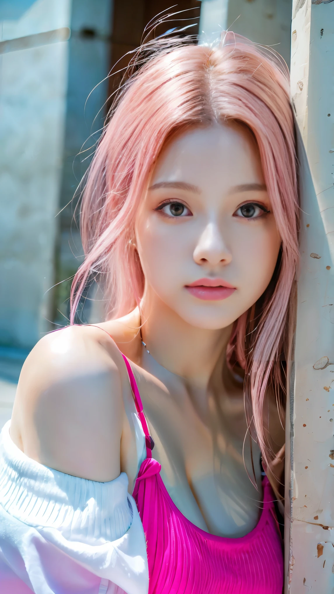 highest quality, Masterpieces, High resolution, One girl, Super beautiful face, Very beautiful eyes, Very beautiful pink hair，Trendy clothing，Expose your shoulders