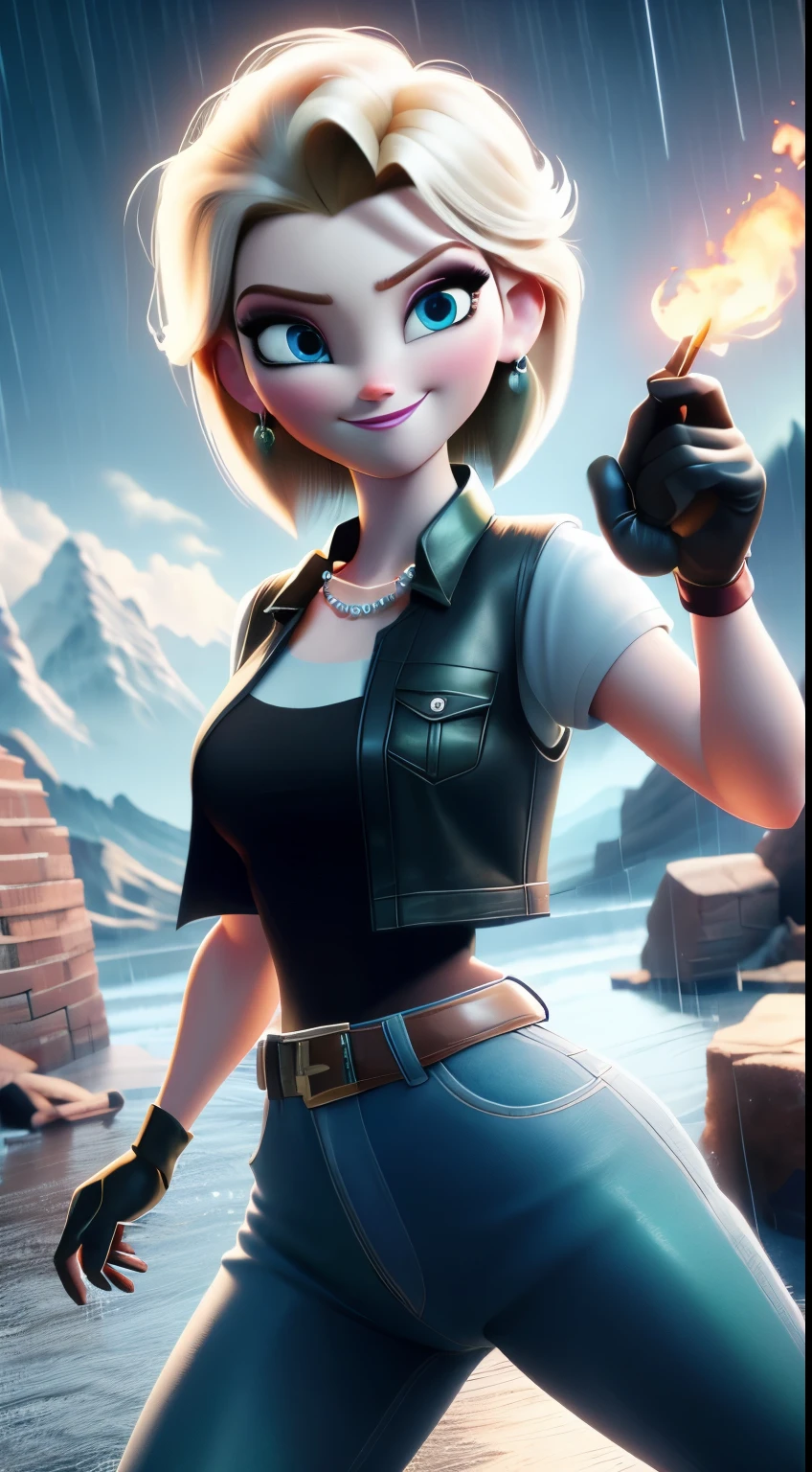 best quality, high-res, and18, 1girl, android 18, solo, blonde hair, blue eyes, belt, green jeans, pearl, necklace, bracelets, black gloves, white shirt, short hair, short sleeves, earrings, green leggings, open vest, black vest, medium breasts, cowboy shot, battle ruins, straight-on, mountain view, (weather: rainy), cute smile, combat stance, wide hips,