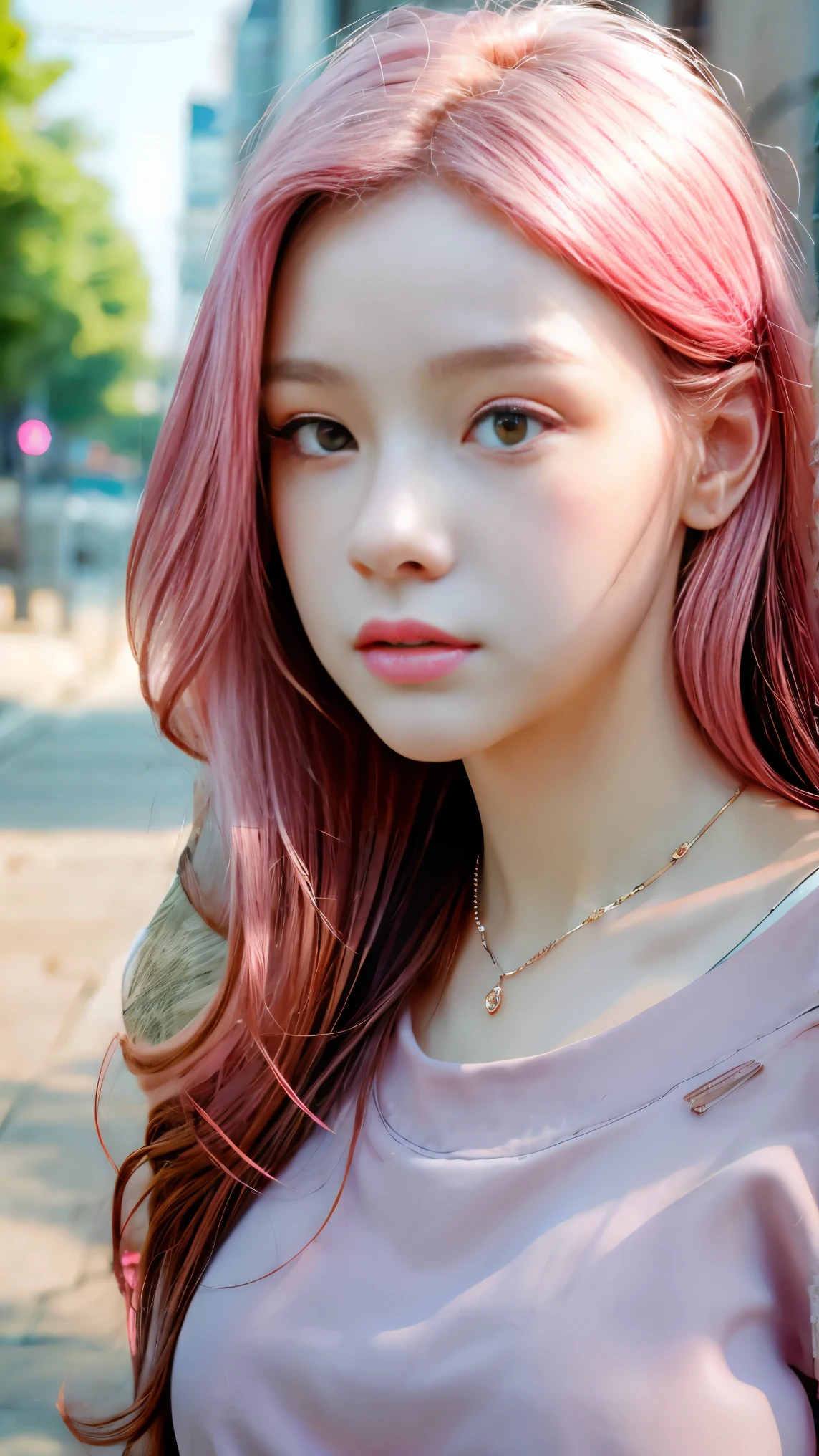 highest quality, Masterpieces, High resolution, One girl, Super beautiful face, Very beautiful eyes, Very beautiful pink hair，Trendy clothing，Expose your shoulders