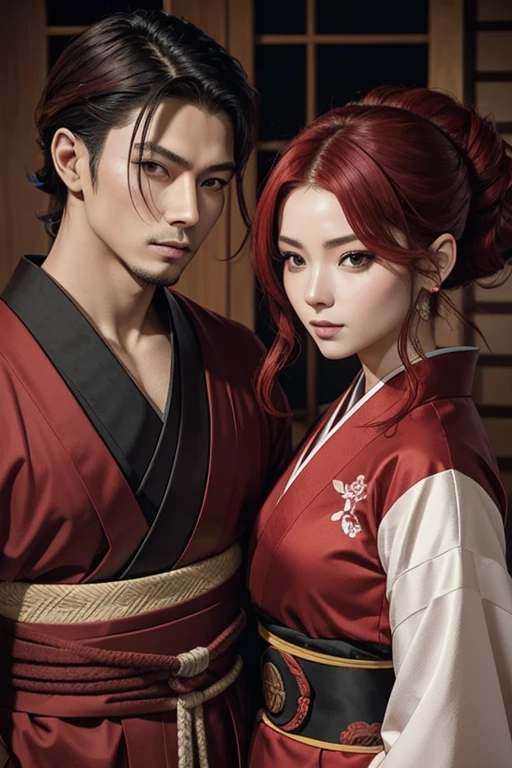 Un hombre pelirojo cabello medio largo con traje ninja y mujer peliroja cabello largo con kimono  que son de una clan del antiguo japon que son pareja 