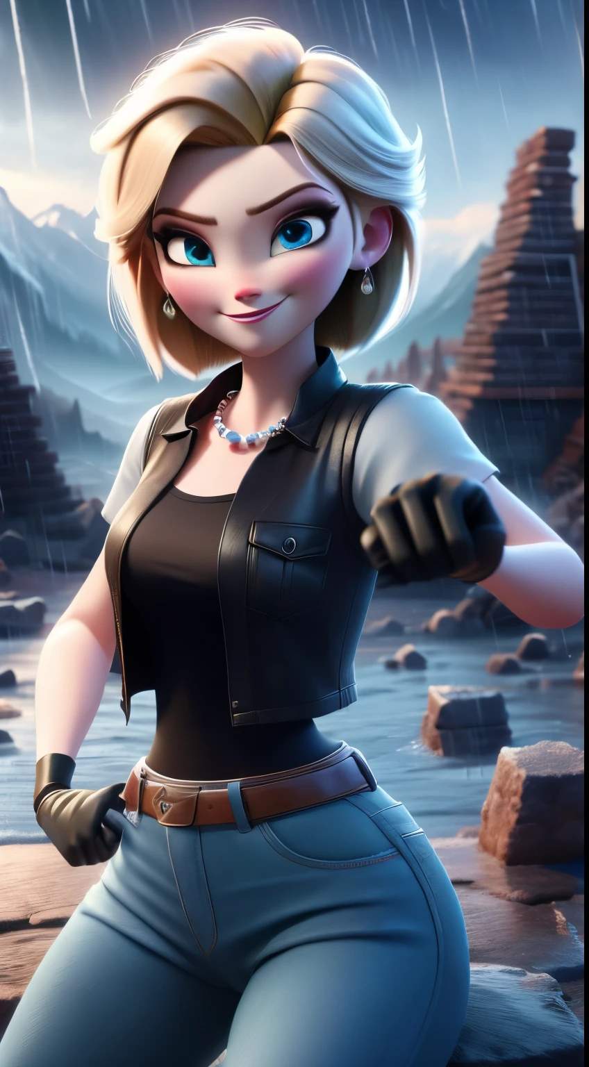 best quality, high-res, and18, 1girl, android 18, solo, blonde hair, blue eyes, belt, green jeans, pearl, necklace, bracelets, black gloves, white shirt, short hair, short sleeves, earrings, green leggings, open vest, black vest, medium breasts, cowboy shot, battle ruins, straight-on, mountain view, (weather: rainy), cute smile, combat stance, wide hips,