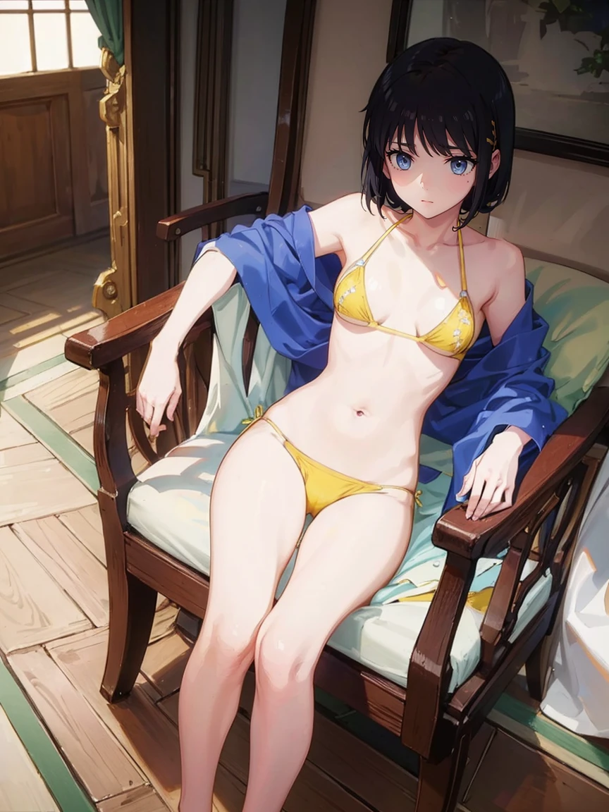 One Woman,Full body photo, Best image quality, high quality, The background is clear,Beautiful woman, Japanese, detailed, detailed eyes, detailed skin, Beautiful Skin, 超High resolution, (reality: 1.4),Very beautiful woman, A little younger face, Beautiful Skin, thin, (Ultra-photorealism), (High resolution), (8k), (非常にdetailed) (Beautiful and detailed eyes), (非常にdetailed), (detailed face), Displaying the viewer, Fine details, detailed face, Staring straight ahead, Staring straight ahead, Photo Real, Baby Face,,Hairstyle: short hair,forehead,smile,(((Yellow Bikini,)))(Flat chested,)(体がthin,)smile,(((Are sleeping)))、
