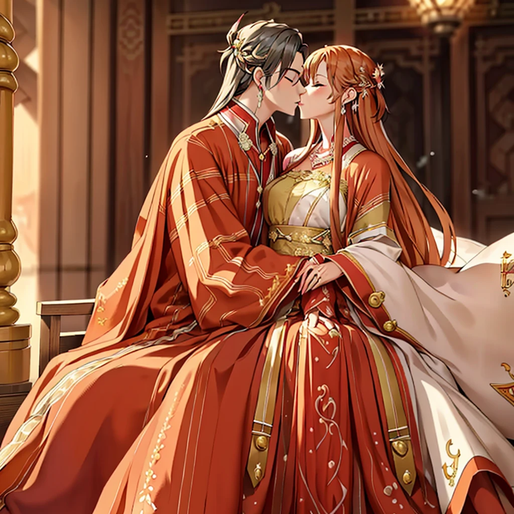 ((highest quality)), ((masterpiece)), (detailed), Perfect Face、Yuuki Asuna、Brown Hair、Hanfu、Gorgeous embroidery、cuddling with a man、((Man and woman get married at the palace))、((A man and a woman kiss each other in oath))、Man and wedding、The woman is in a wedding dress、Woman has a happy face、Gorgeous hair ornament、Earrings、necklace、Bracelet、Luxury accessories、The woman is the empress、The man is the prince、She hugs the man and presses her face against his chest.、Man hugs woman、Man and woman kissing