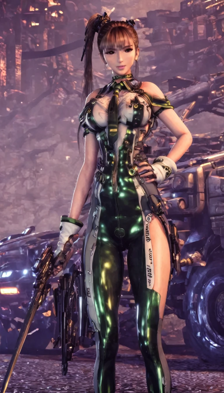 eve, Star Blade, Large Breasts, Thick thighs, 1 Girl,Solitary,Heavy makeup,Lovely,earrings,Loop Braid,(Smile:1.1),Hand-held mechanical sword,Ponytail,Idol,prostitute,military uniform,(battlefield:1.1),