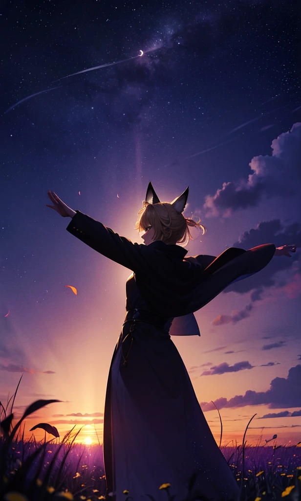 １people々々々々々々,Woman with medium length blonde hair，Fox Ears，Long coat，Takageta， Dress Silhouette， Rear View，Space Sky, Flower Field，Colorful flowers，Dancing Petals，full moon，shrine，