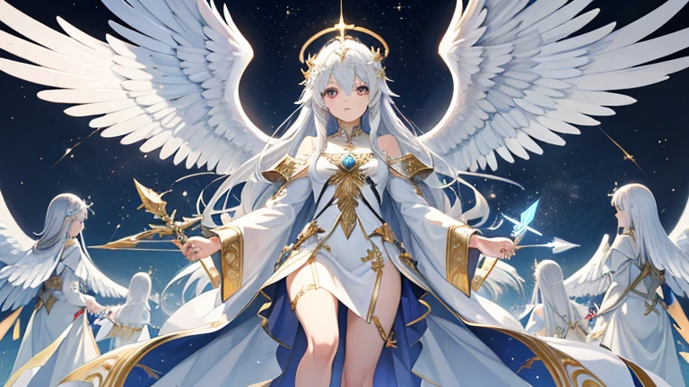 Developing high resolution, Visual presentation of the holy twelve-winged angel, There are 6 pairs of wings on the back, Wearing a robe decorated with silver and gold. The archangel holds a spear of light，Radiate a sacred aura，Demonstrating its sacred presence.masterpiece, best quality, great, Unity&#39;s highly detailed、8k wallpaper, Depth of Field, Super detailed illustrations:1.5)、3D, Extremely detailed, (whole body、Mechanical Elf Girl:1.3), sci-fi battlefield, hawken, Smile, open mouth,, (white blonde, Deep blue eyes:1.2), Bright Eyes, Cute face, Kawaii, Large Breasts, Fine hair, Messy hair, (((Flying in the sky))、Blue sky, White Cloud), Shiny hair, Glowing skin, (Symmetrical mechanical wing、Metallic colored mechanical wings that are widely expanded to the left and right so that they protrude greatly from the screen, hat, White hair ornaments), (Light Particles, Movie Lighting: 1.3), (Thin pink lips: 0.8)