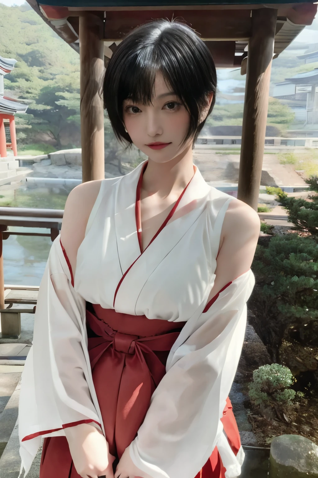 Masterpiece、highest quality、Woman 1、Long-limbed woman、Photo realistic、Super detailed、Gravure idol　Black Hair、short hair、Straight Hair　Red Hakama、Shrine maiden、White kimono、No sleeve　Sideide view of chest、side　Gravure pose　shrine