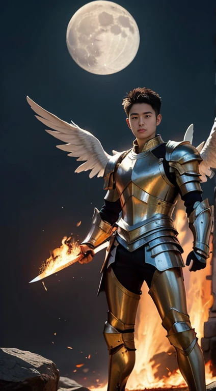 A asian boy like Mighty Archangel Michael,19 years old, handsome, Full Body Shoot, Short Quiff hairstyle, (eyes contact), look at camera, detailed facial parts, Manly, with a muscular constitution :: high detail, is in battle armor, flaming blue sword of golden pearls, a flaming sacred aura radiating from his body, without wings, moon background, surreal, fantasy, magical, intricate details, (dynamic upper body posture: 1.1), depth of field. Best quality, masterpiece, ultra high resolution, (anime realism, photorealistic: 1.4), perfect composition, centered, symmetry