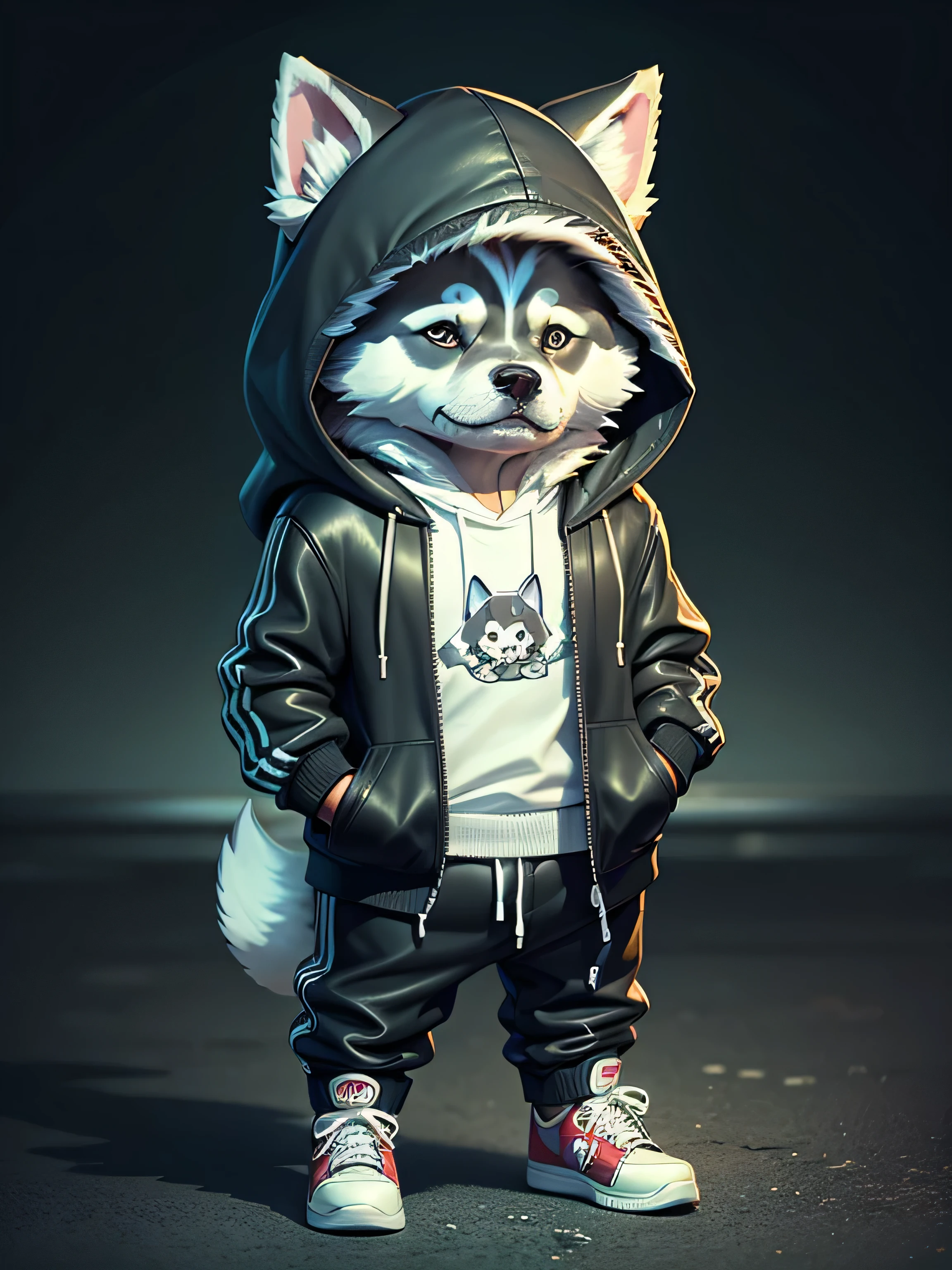 c4tt4stic, Cartoon dog breed Siberian Husky in a hoodie, leather pants, headphones and sneakers