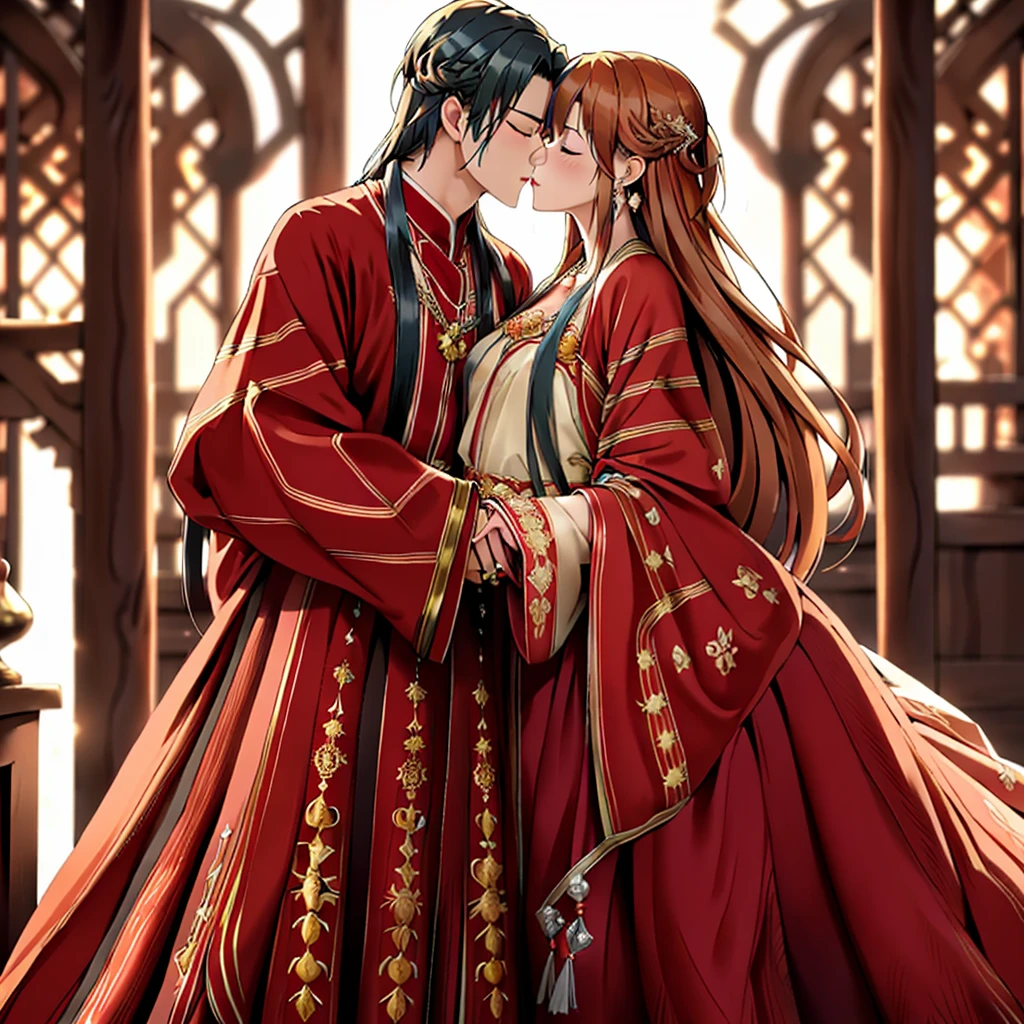 ((highest quality)), ((masterpiece)), (detailed), Perfect Face、Yuuki Asuna、Brown Hair、Hanfu、Gorgeous embroidery、cuddling with a man、((Man and woman get married at the palace))、((A man and a woman kiss each other in oath))、Man and wedding、The woman is in a wedding dress、Woman has a happy face、Gorgeous hair ornament、Earrings、necklace、Bracelet、Luxury accessories、The woman is the empress、The man is the prince、She hugs the man and presses her face against his chest.、Man hugs woman、Man and woman kissing