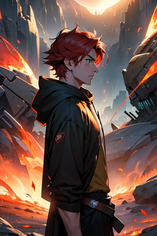 ung man, handsome face, side view profile, fit body, short natural red hair, freckles, green eyes, golden ratio, scifi, wearing hoodie, holding flaming katana, wind in the hair, cape blowing in the wind, fall, sunset, bokeh background, absurdres, high res, ultrasharp, 8K, masterpiece, cinematic lighting, sparkling pupils, scifi, space, night, fire, embers, dust, burned ground, burning autumn leaf, destruction, giant pheonix in the background, destruction, storm