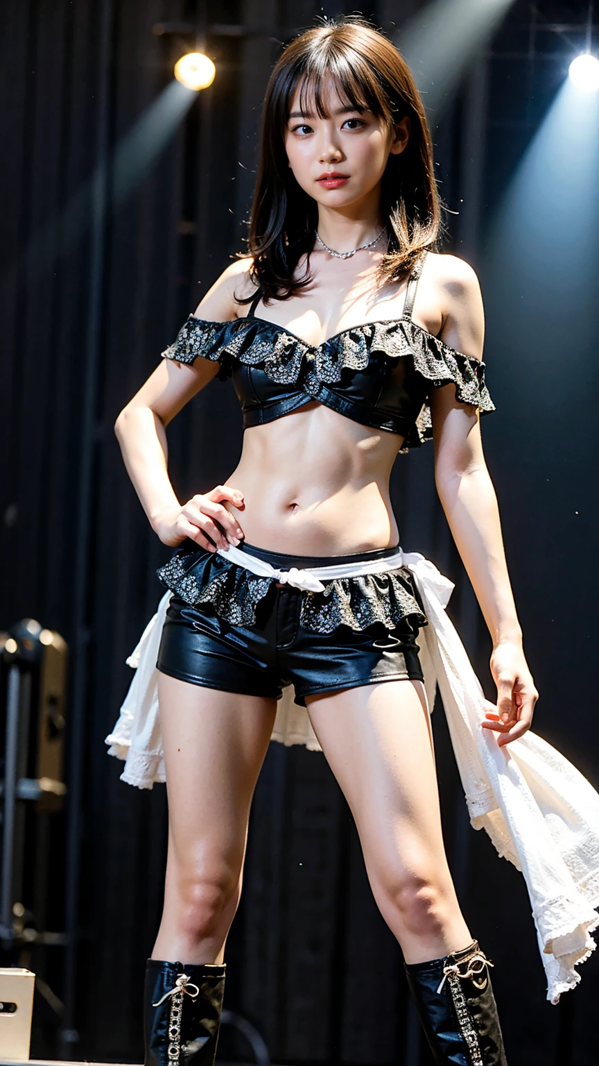 (8K、RAW Photos、Highest quality、masterpiece:1.2)、(Realistic、Realistic)、1 Girl、((Frilled mini skirt、Large Breasts、Black and White、See-through、belly button、boots、No sleeve、stage、Spotlight、View from the front、Stand with hands on hips))、