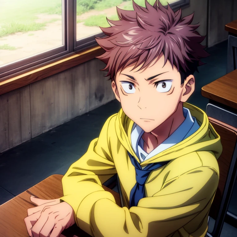 context, one boy, Wearing school uniforms for boys, Kaguran, Sit alone, In class