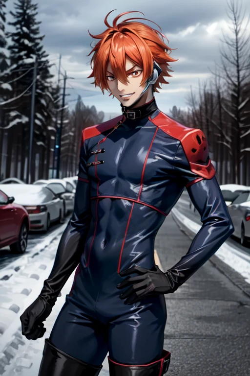 upper body, ashley ashura\(akito the exiled\), bodysuit, 1boy, looking at viewer, male focus, orange hair, hair between eyes, red eyes, grin, black gloves, thigh boots, headset, snow, tree, 