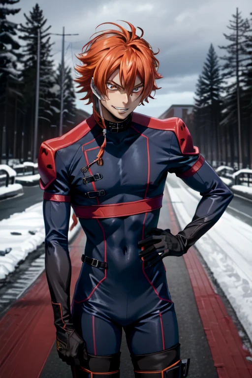 upper body, ashley ashura\(akito the exiled\), bodysuit, 1boy, looking at viewer, male focus, orange hair, hair between eyes, red eyes, grin, black gloves, thigh boots, headset, snow, tree, 