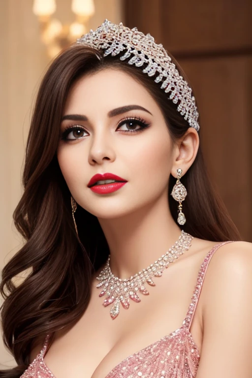 Lebanese woman, diamond dangling earrings, necklace, bracelets, small breasts, 40 years old, smokey eyes, cleavages, red lips, innocent face, pink fashion ball gown, stylish hairstyle, posing, modeling,