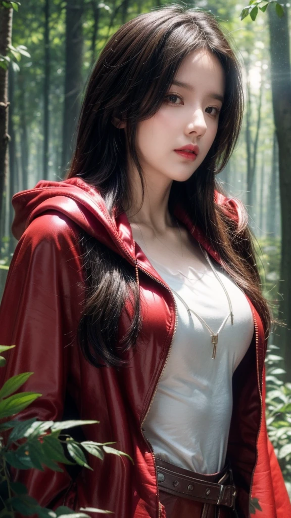 Close-up portrait of NewLaraCroft in the forest, (Backlight), Practical, masterpiece, best quality, ((Red hooded cape)), ((scared )), lens flare, shadow, Bloom, (( flash)), [Chromatic Aberration], go through Jeremy Lipking, go through Antonio J. Manzanedo, go through (Alphonse Mucha), number